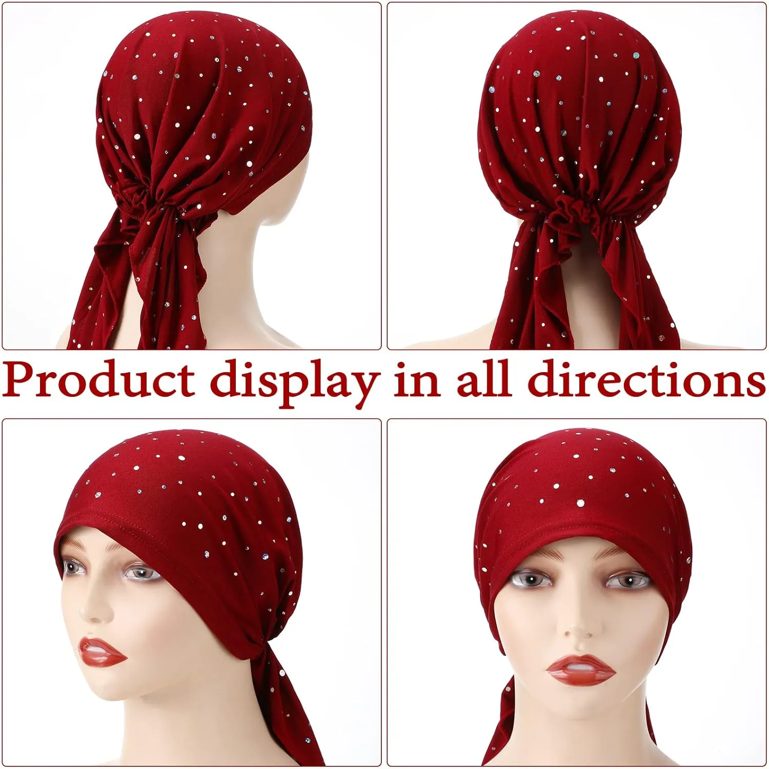Geyoga 6 Packs Rhinestone Head Scarf Stretchy Head Wrap Women Bandana Beanie Pre Tied Durag Turban Cap Skull Cap Headbands