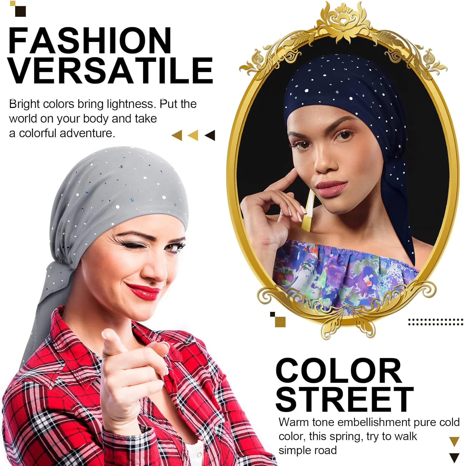 Geyoga 6 Packs Rhinestone Head Scarf Stretchy Head Wrap Women Bandana Beanie Pre Tied Durag Turban Cap Skull Cap Headbands