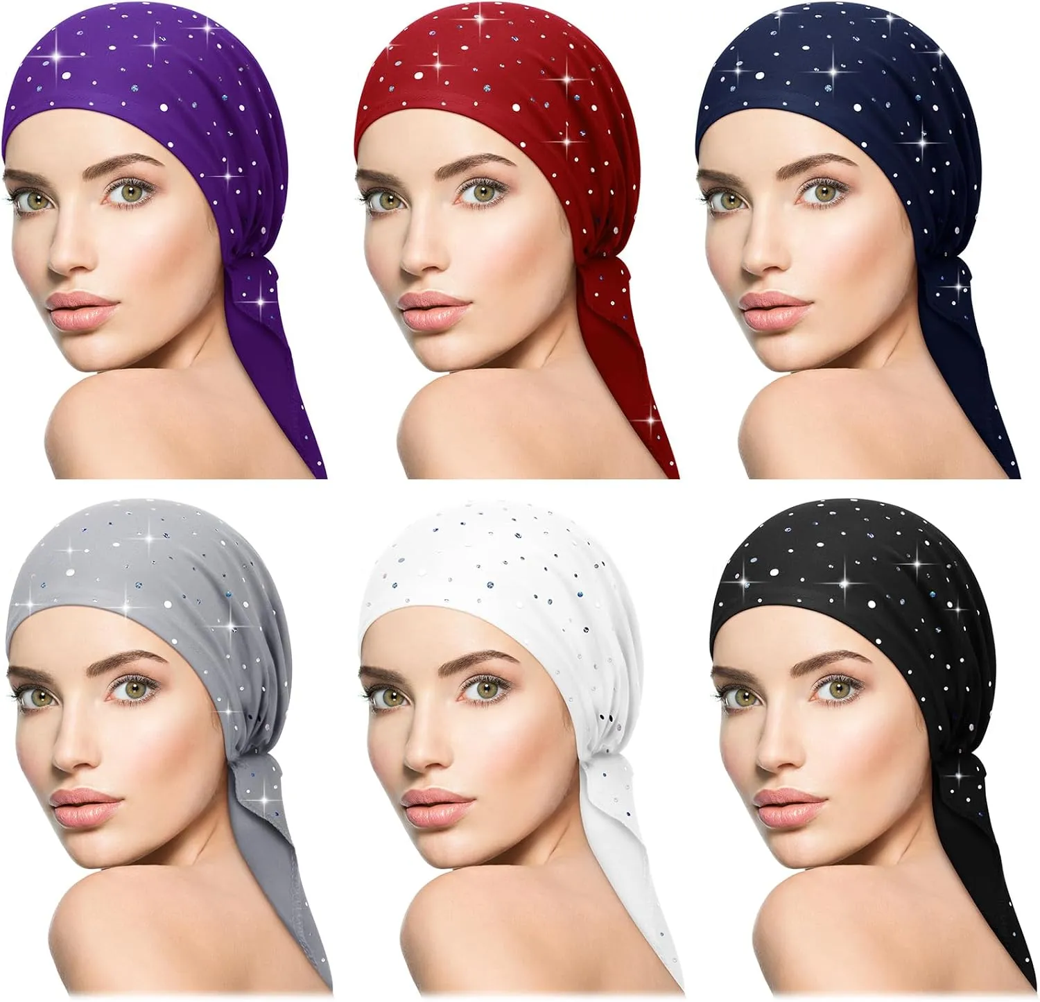 Geyoga 6 Packs Rhinestone Head Scarf Stretchy Head Wrap Women Bandana Beanie Pre Tied Durag Turban Cap Skull Cap Headbands