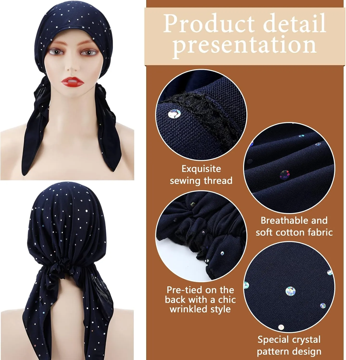 Geyoga 6 Packs Rhinestone Head Scarf Stretchy Head Wrap Women Bandana Beanie Pre Tied Durag Turban Cap Skull Cap Headbands