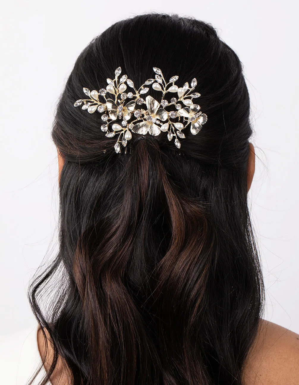 Gold Butterfly Diamante Pearl Comb