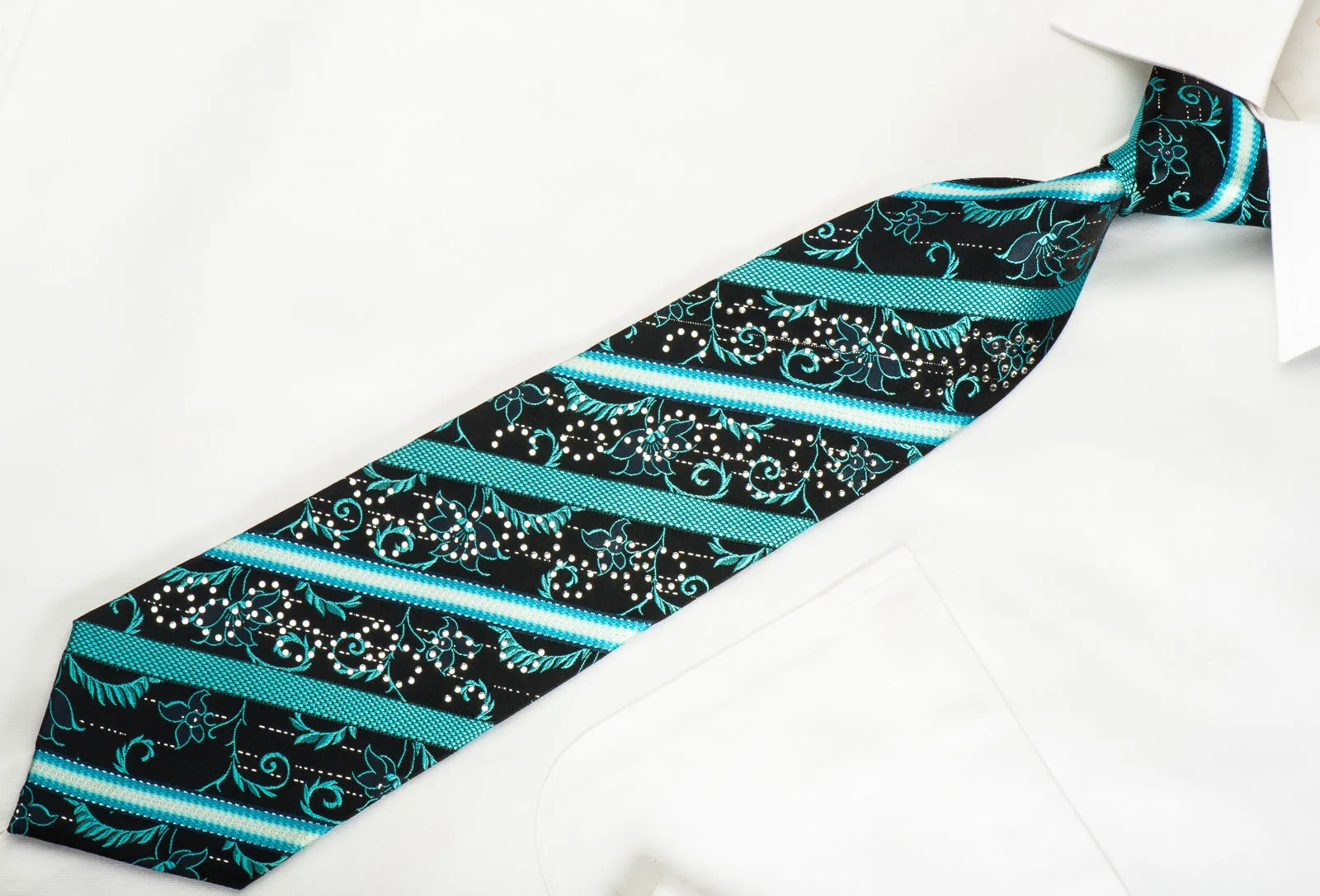 Grand Jour Rhinestone Silk Necktie Turquoise Striped On Dark Blue With Sparkles