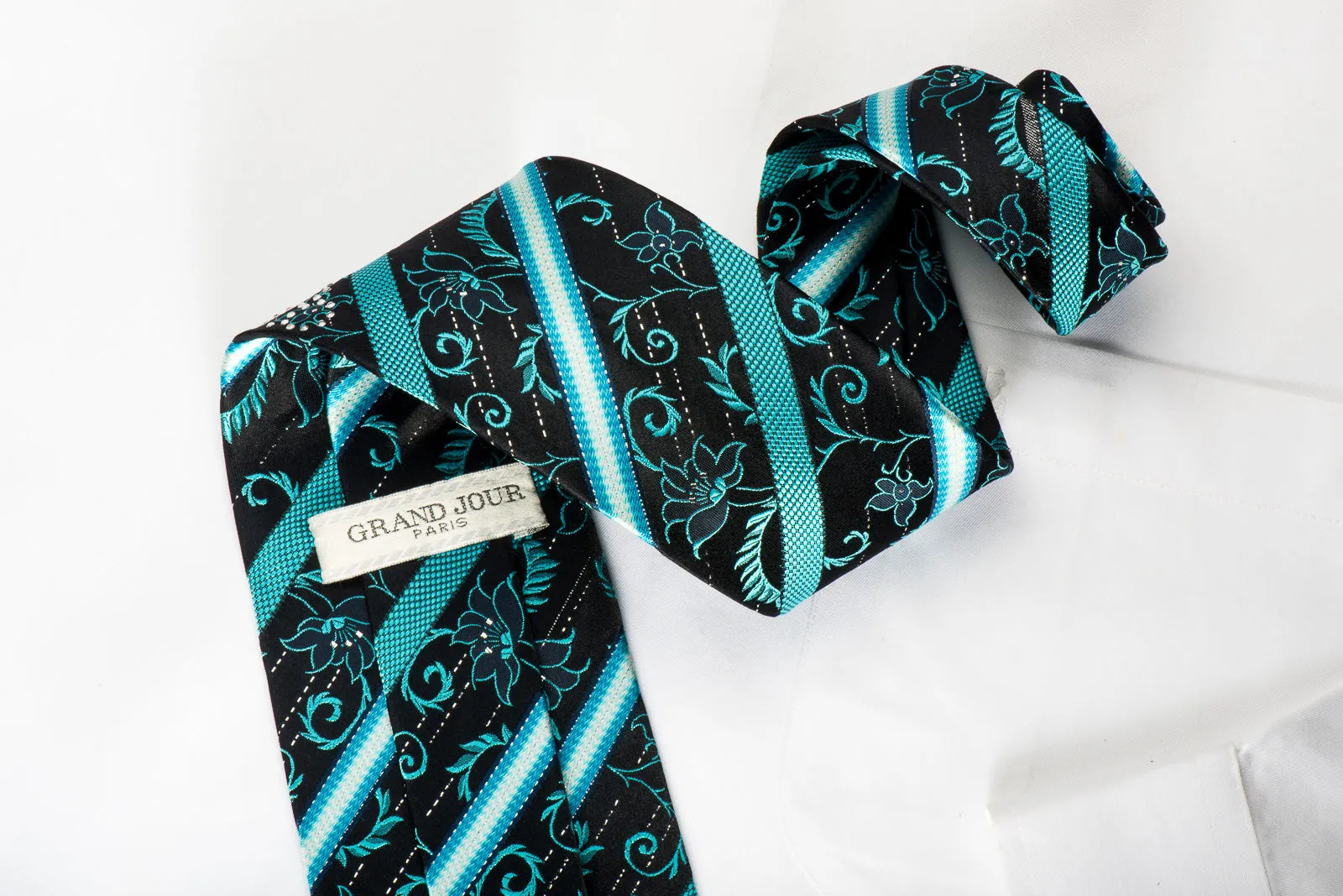 Grand Jour Rhinestone Silk Necktie Turquoise Striped On Dark Blue With Sparkles