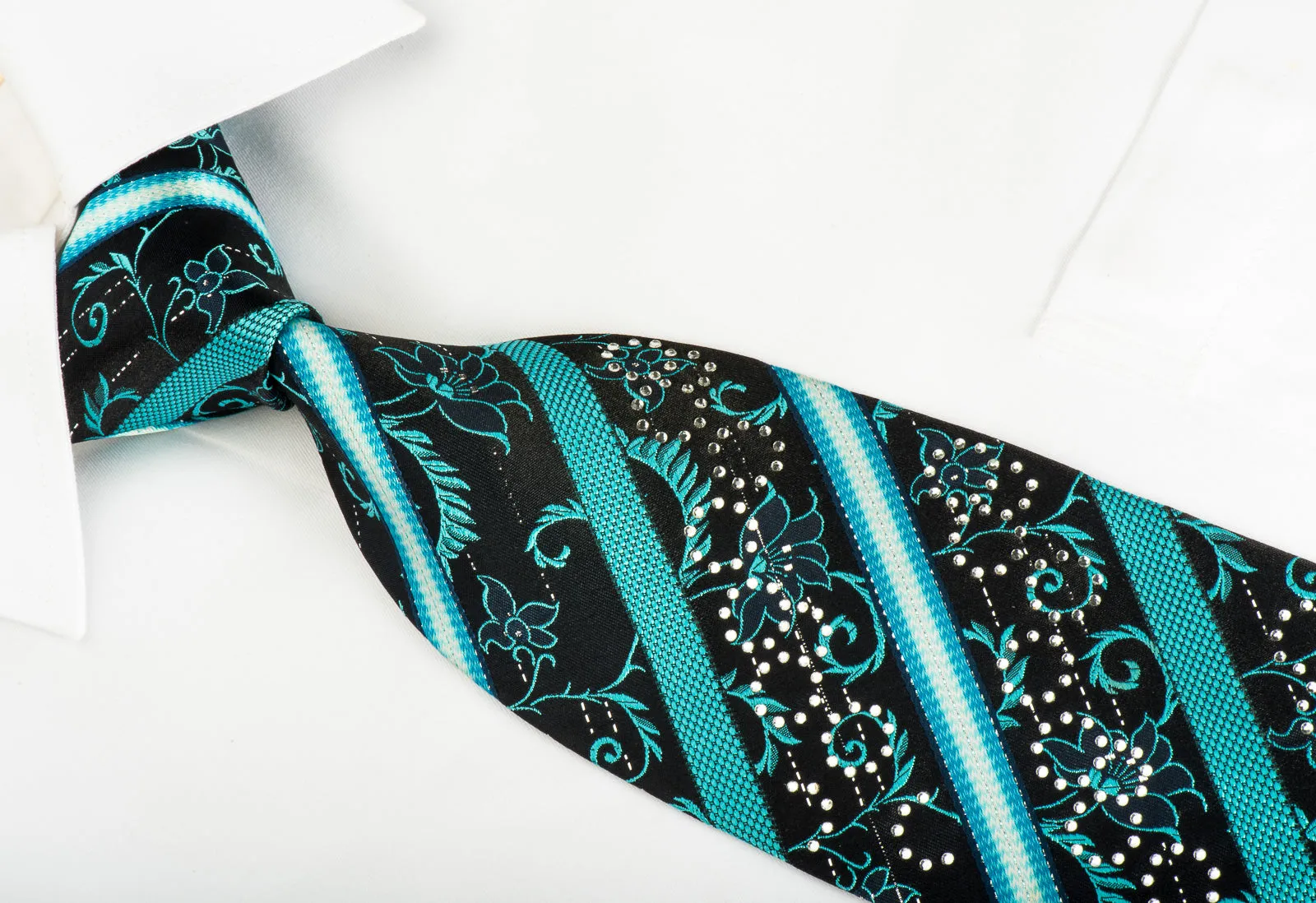 Grand Jour Rhinestone Silk Necktie Turquoise Striped On Dark Blue With Sparkles
