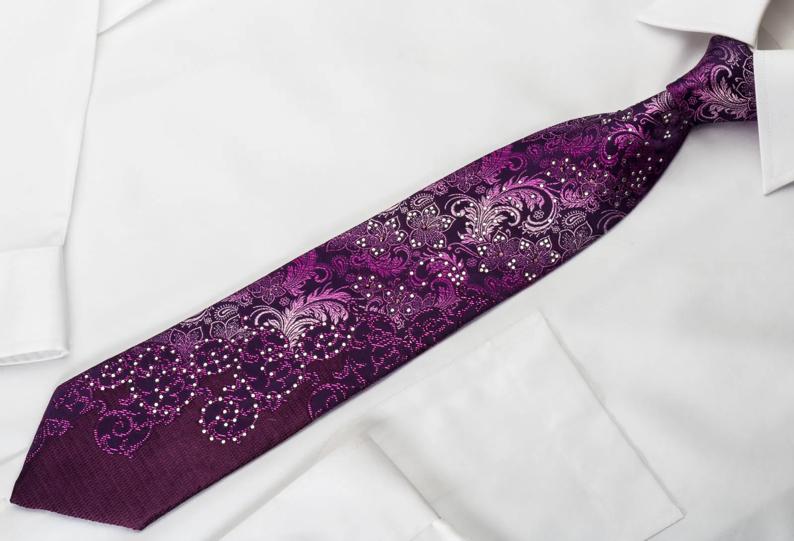 Grand Jour Silk Rhinestone Necktie Floral On Purple With Purple Sparkles