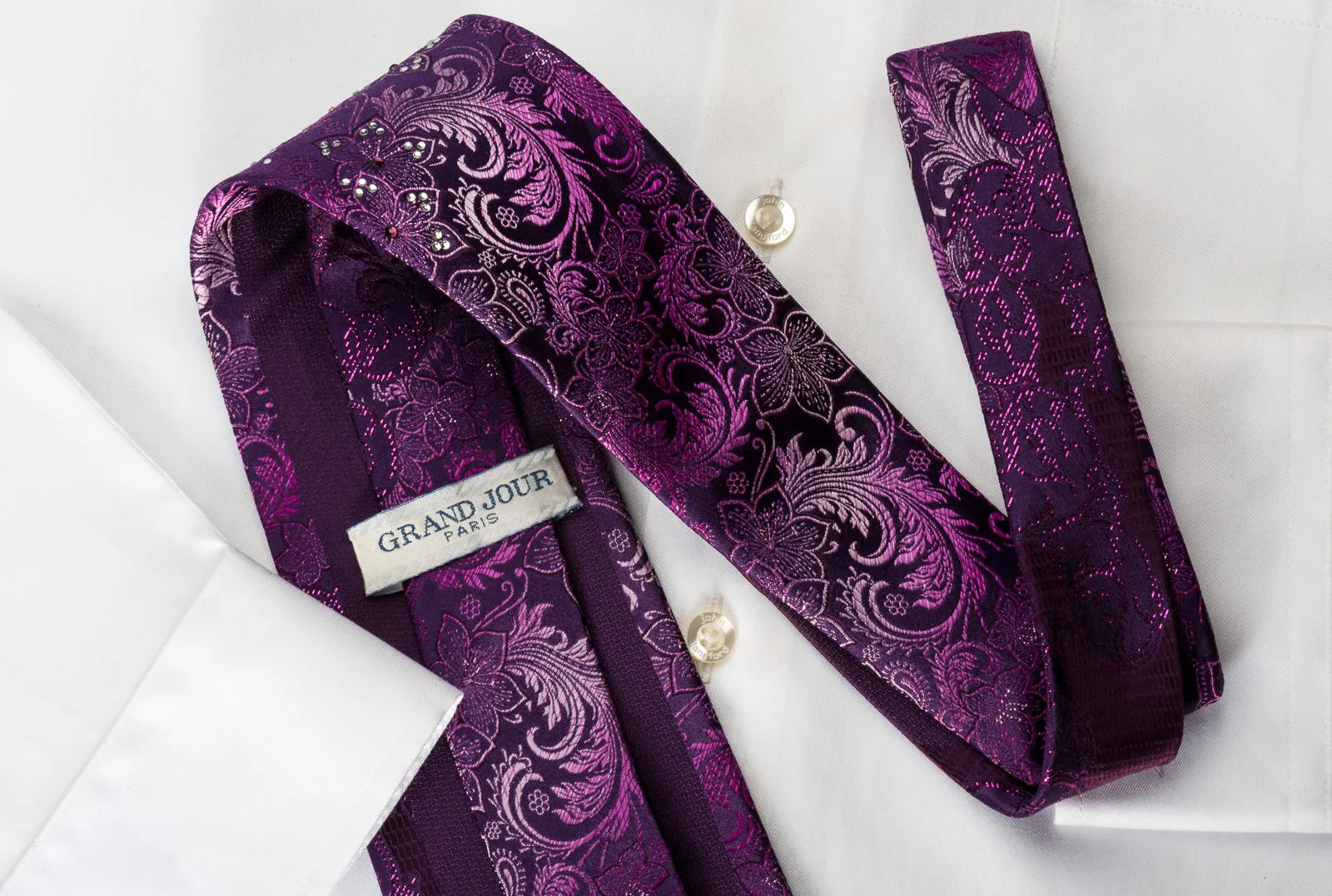 Grand Jour Silk Rhinestone Necktie Floral On Purple With Purple Sparkles