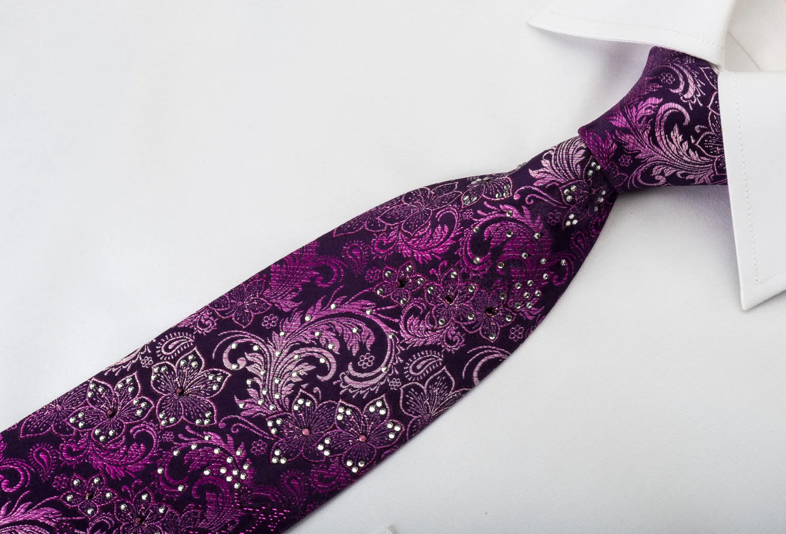 Grand Jour Silk Rhinestone Necktie Floral On Purple With Purple Sparkles
