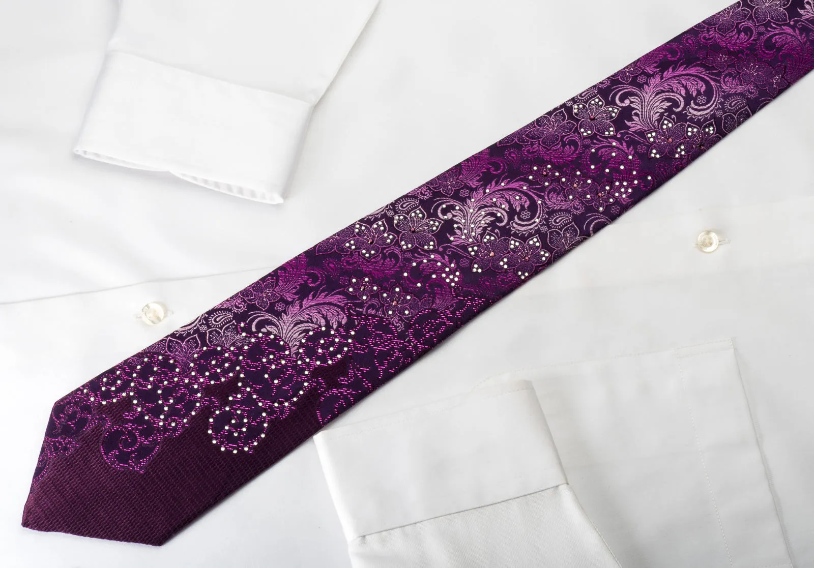 Grand Jour Silk Rhinestone Necktie Floral On Purple With Purple Sparkles