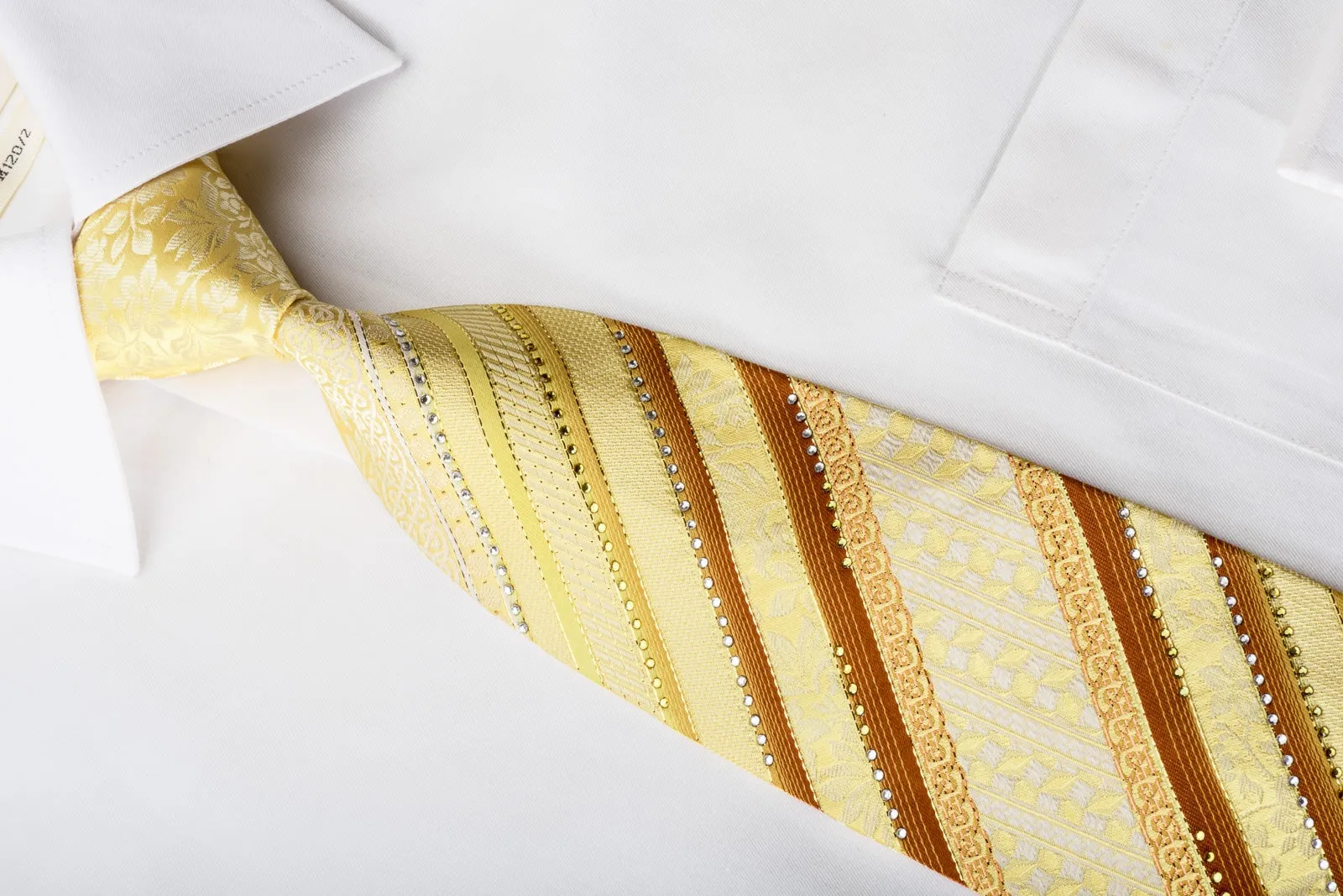 Grang Cia Rhinestone Necktie Floral Striped On Yellow With Gold Sparkles