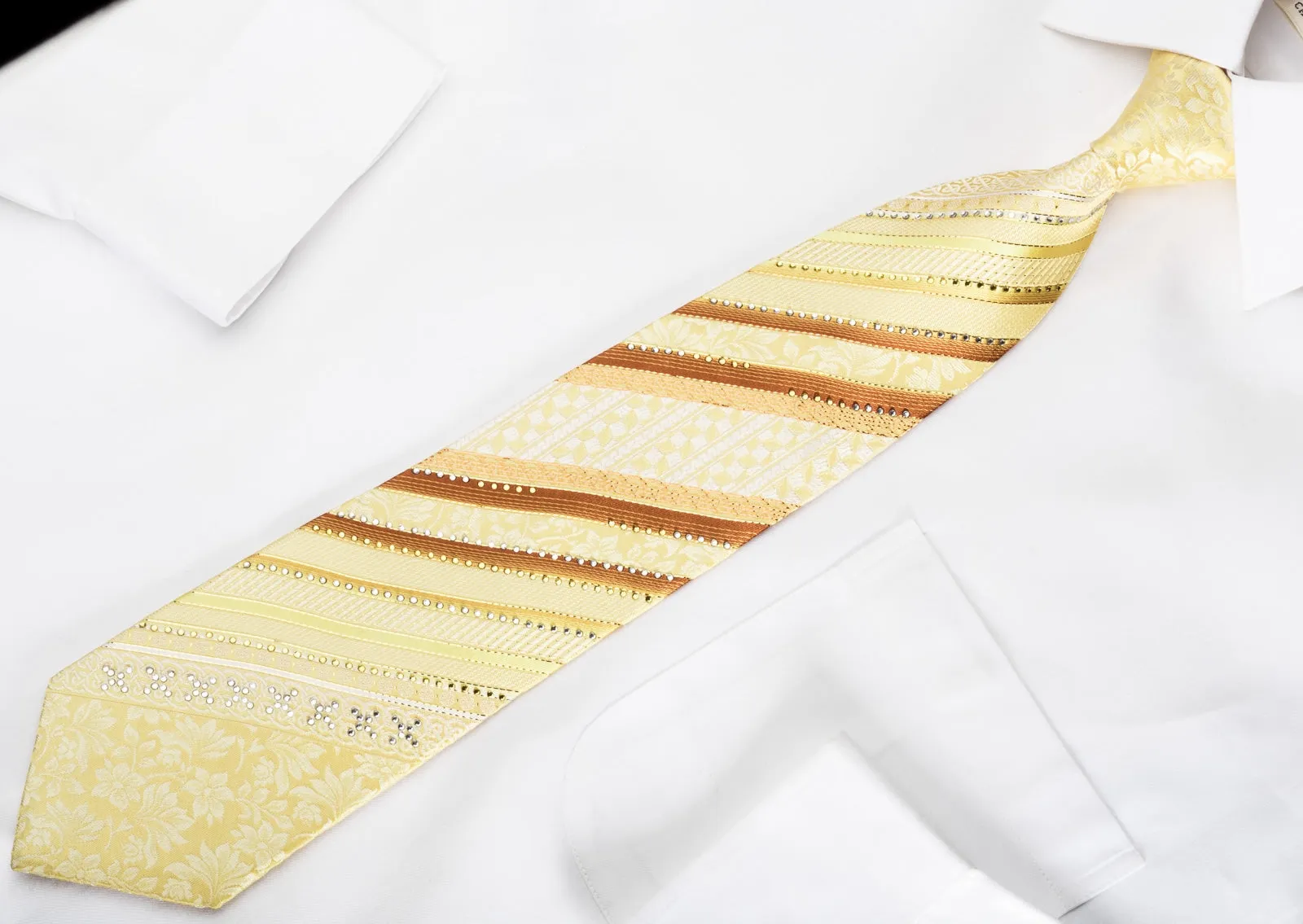 Grang Cia Rhinestone Necktie Floral Striped On Yellow With Gold Sparkles
