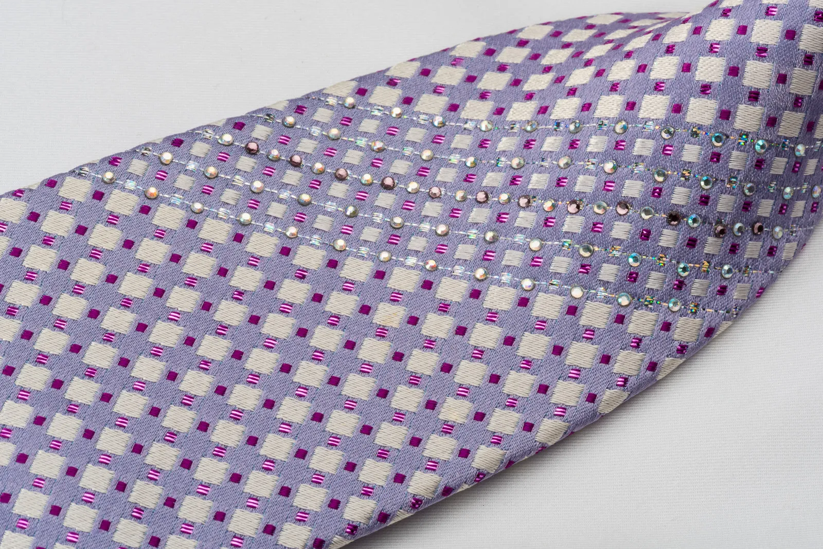Indian Homme Bling Tie Mauve Silver Checkered With Sparkling Rhinestones