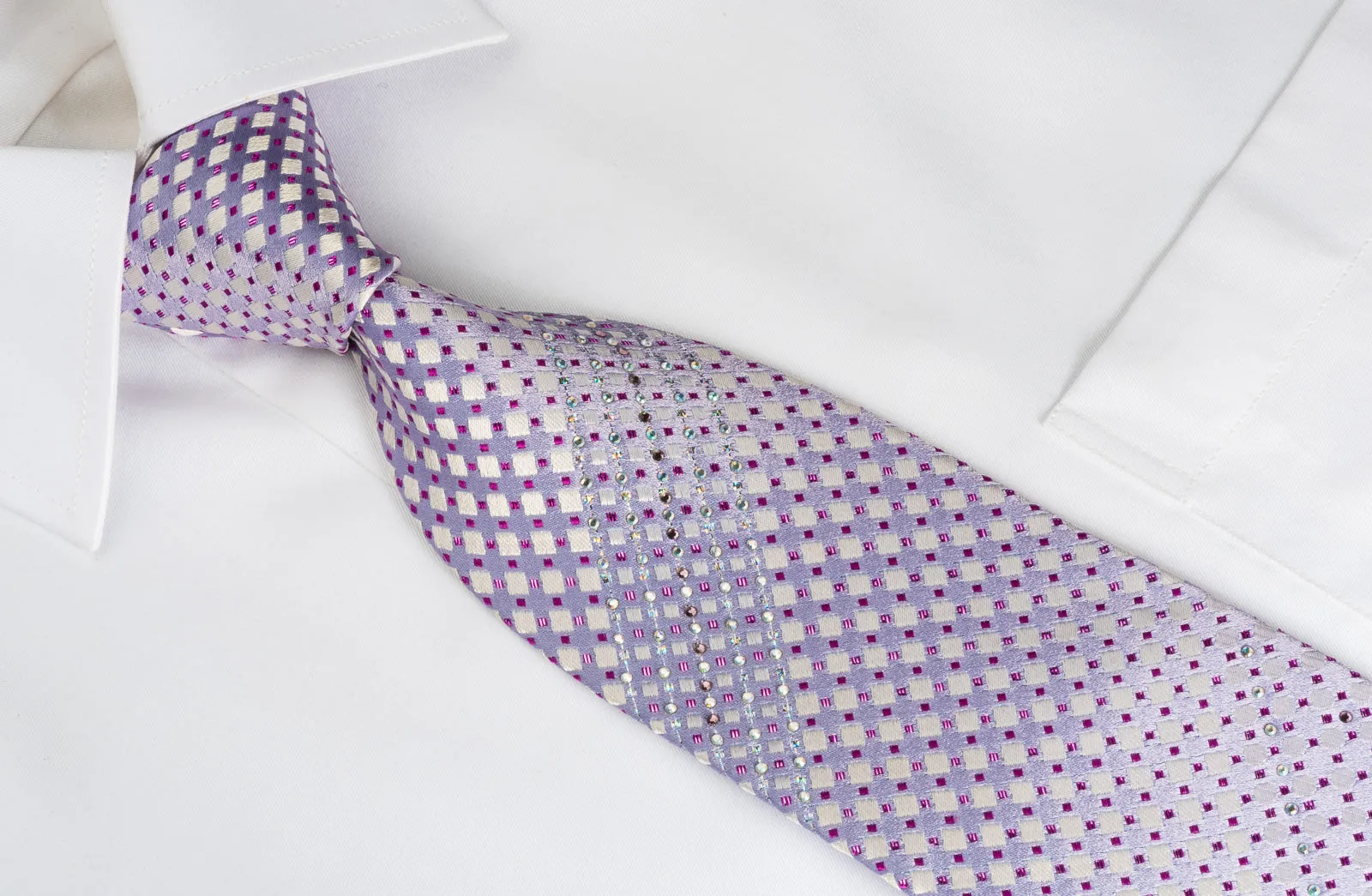 Indian Homme Bling Tie Mauve Silver Checkered With Sparkling Rhinestones