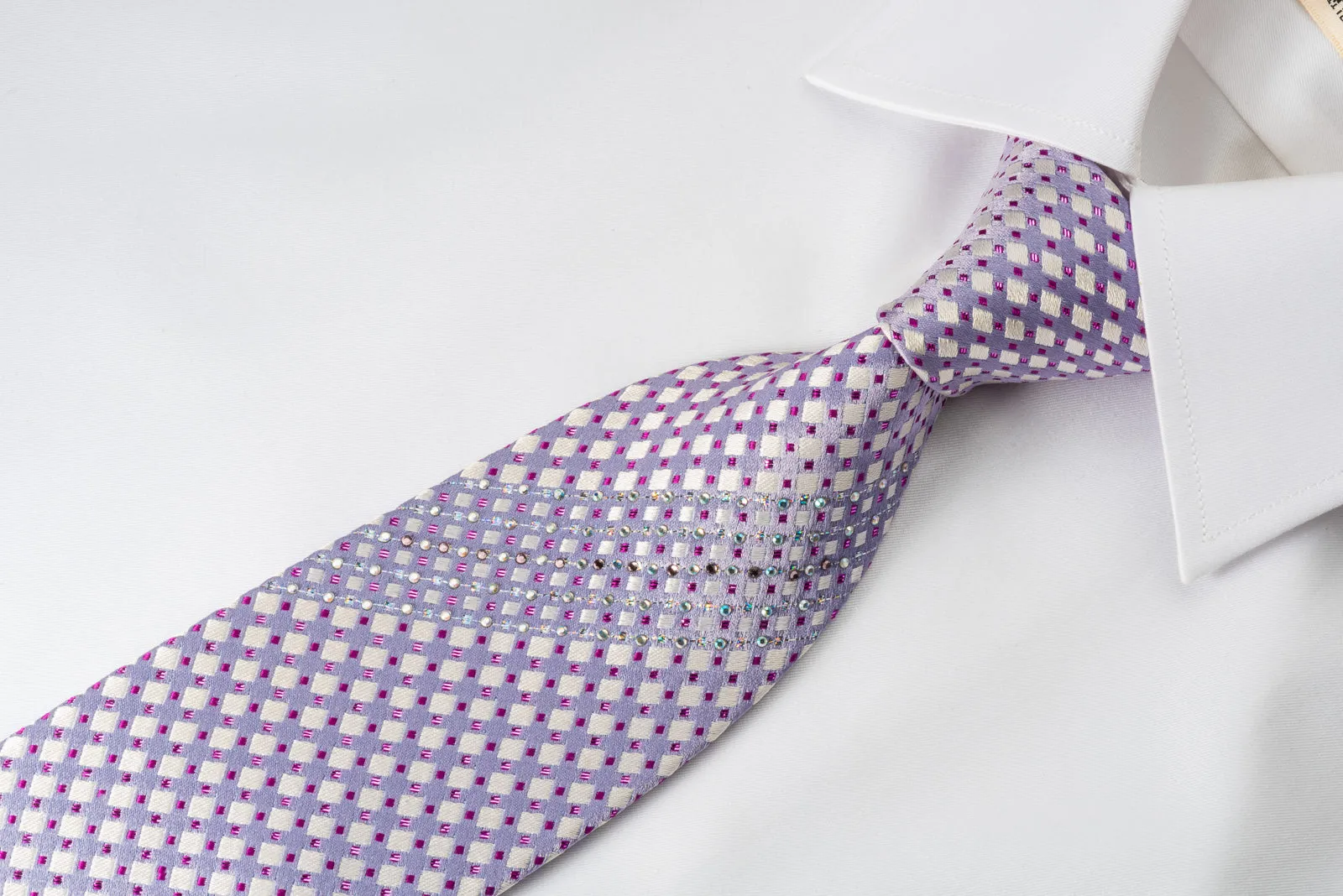 Indian Homme Bling Tie Mauve Silver Checkered With Sparkling Rhinestones