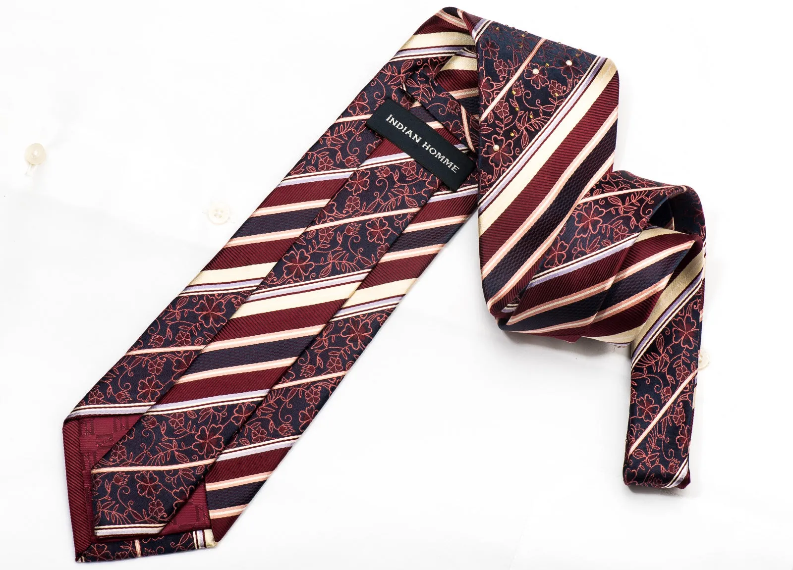 Indian Homme Men's Silk Necktie Striped On Burgundy With Pearls