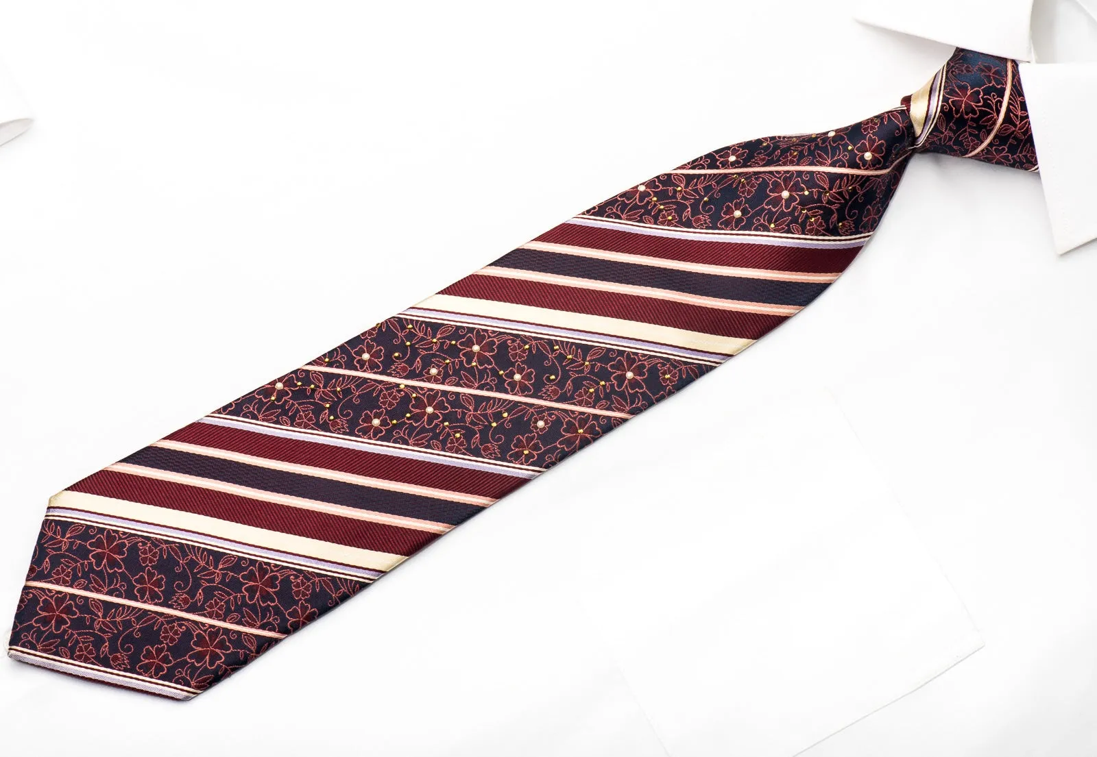 Indian Homme Men's Silk Necktie Striped On Burgundy With Pearls