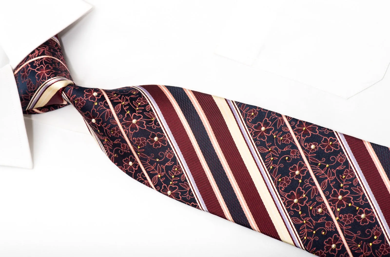 Indian Homme Men's Silk Necktie Striped On Burgundy With Pearls