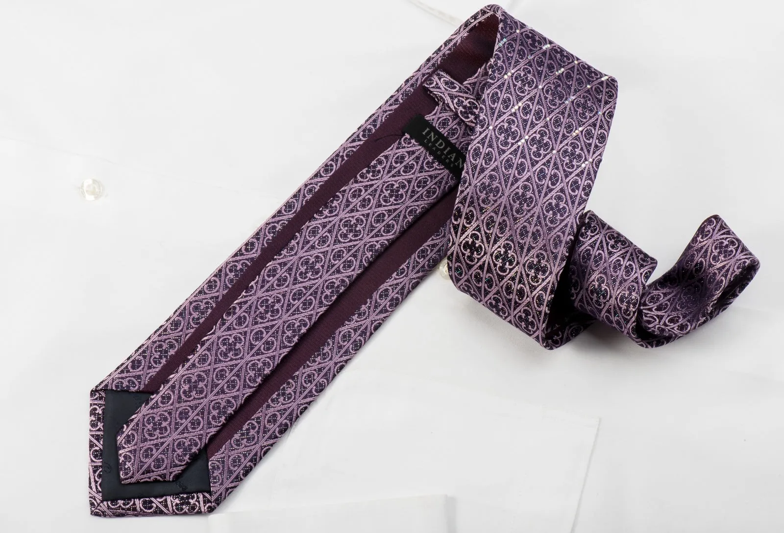 Indian Leaders Rhinestone Silk Tie Cartouche Trellis On Purple With Sparkles