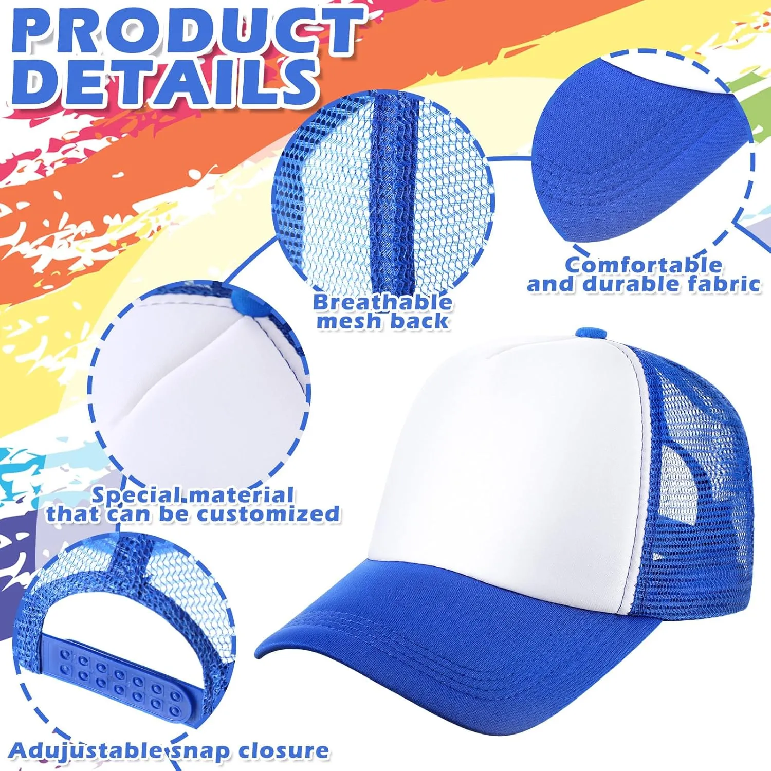 Jeyiour 48 Pack Trucker Hat Bulk Polyester Adjustable Plain Mesh Sublimation Blank Baseball Cap for Women Men Kids