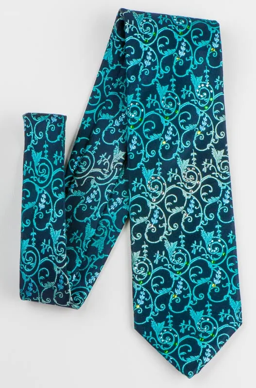 Lancetti SIlk Rhinestone Necktie Turquoise Vines On Navy Blue Tie With Blue Sparkles