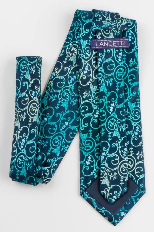 Lancetti SIlk Rhinestone Necktie Turquoise Vines On Navy Blue Tie With Blue Sparkles