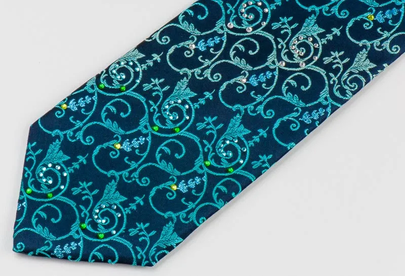 Lancetti SIlk Rhinestone Necktie Turquoise Vines On Navy Blue Tie With Blue Sparkles