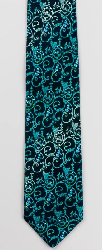 Lancetti SIlk Rhinestone Necktie Turquoise Vines On Navy Blue Tie With Blue Sparkles
