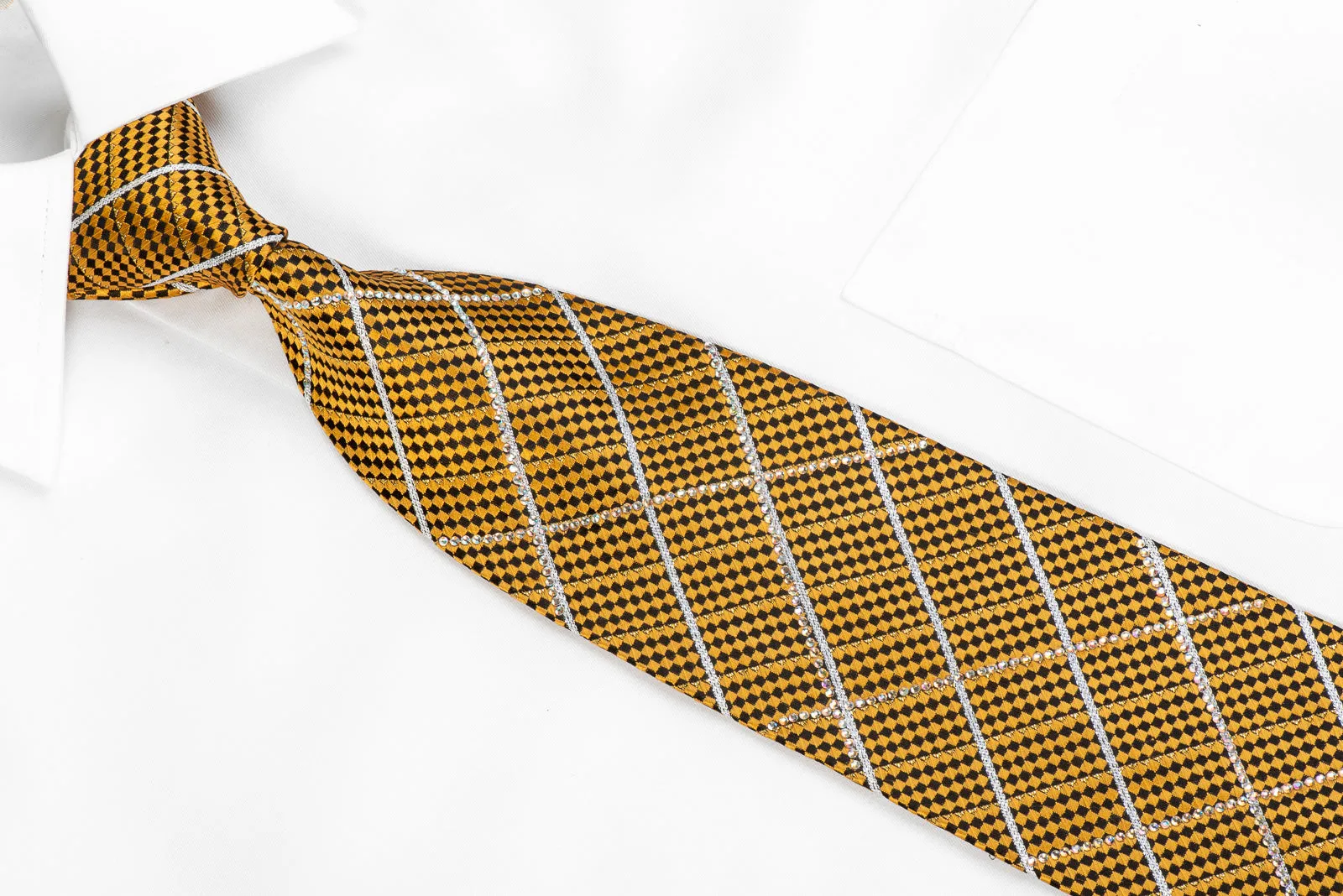 Leslie Vince Men's Rhinestone Tie Gold Black Micro Checkered