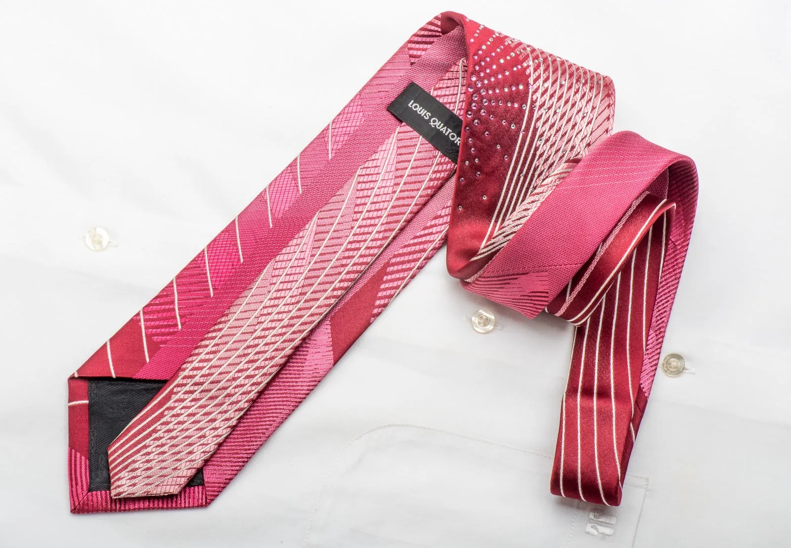 Louis Quatorze Men's Silk Tie Geometric Curls On Burgundy Sparkling With Crystal Rhinestones