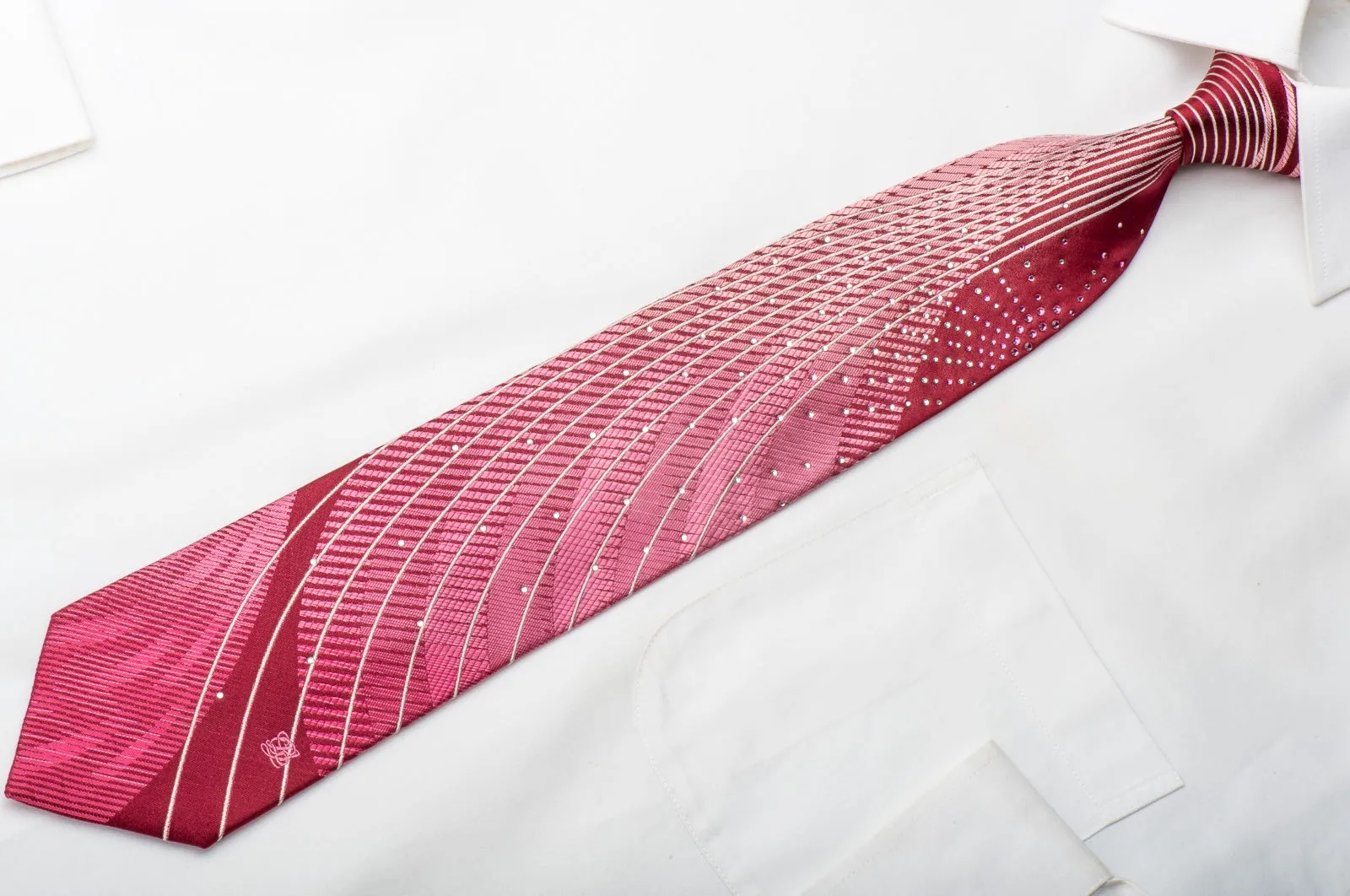 Louis Quatorze Men's Silk Tie Geometric Curls On Burgundy Sparkling With Crystal Rhinestones