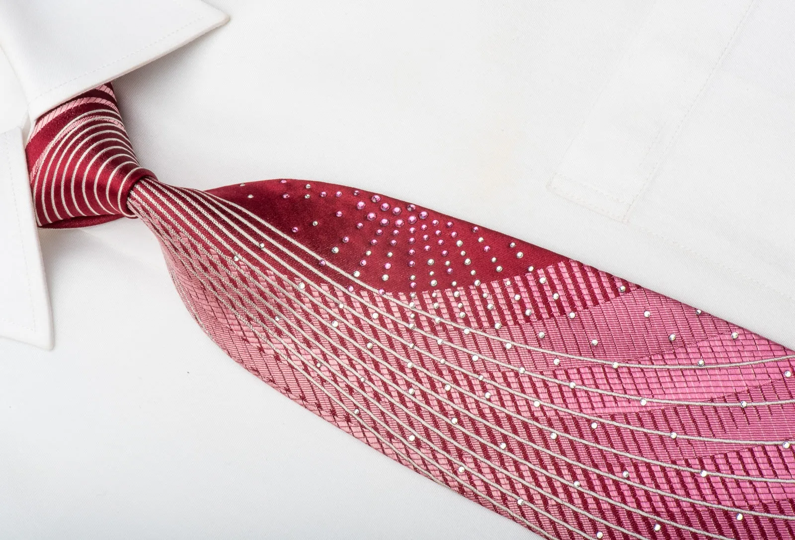 Louis Quatorze Men's Silk Tie Geometric Curls On Burgundy Sparkling With Crystal Rhinestones