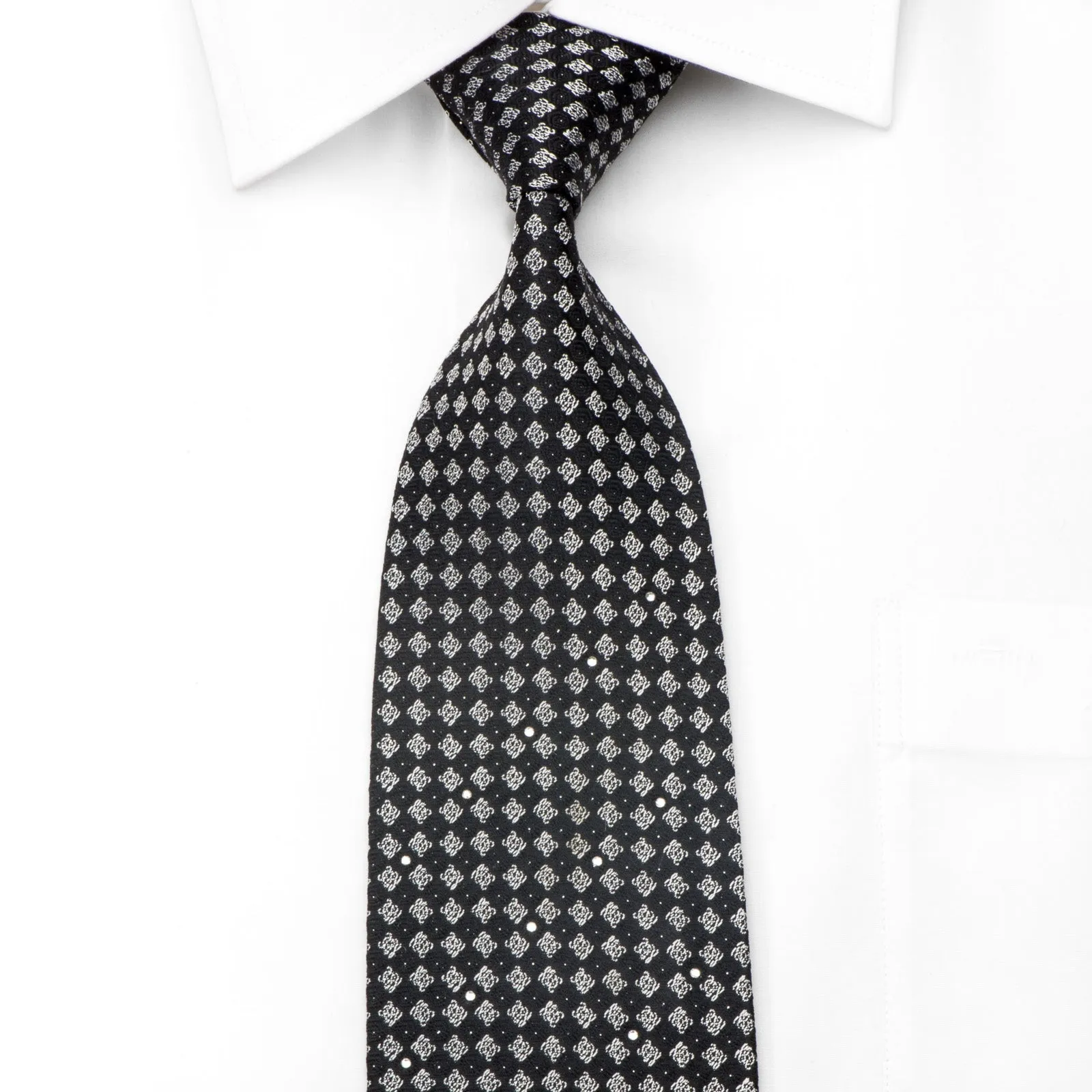 Louis Quatorze Men's Silk Tie Silver Black Checkered Sparkling With Crystal Rhinestones