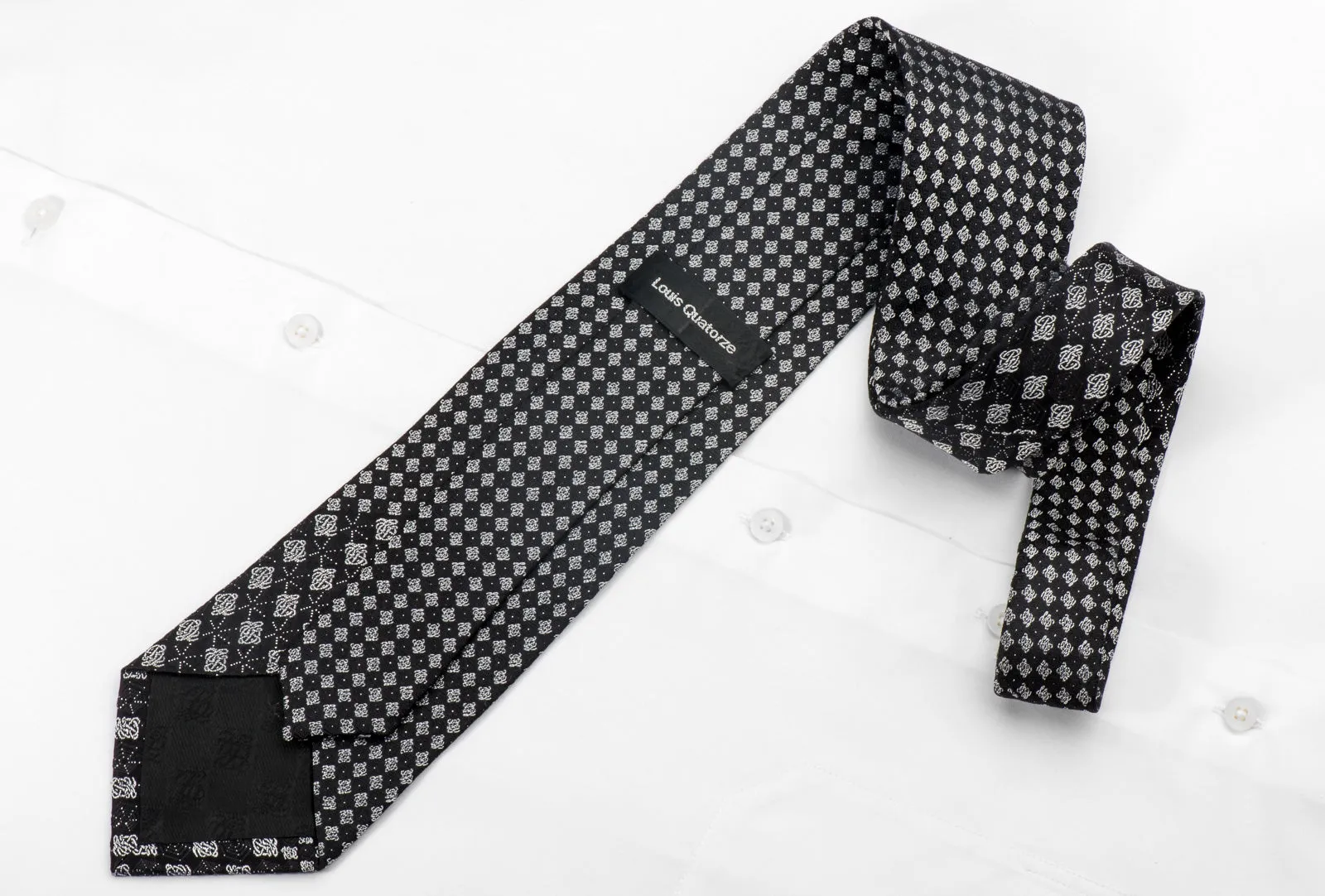 Louis Quatorze Men's Silk Tie Silver Black Checkered Sparkling With Crystal Rhinestones