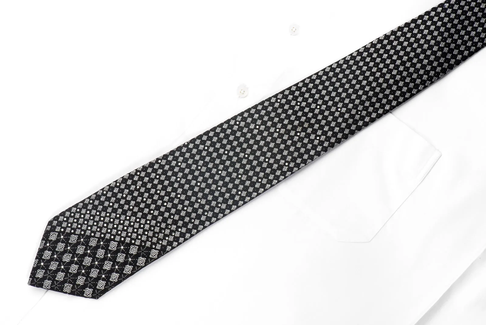Louis Quatorze Men's Silk Tie Silver Black Checkered Sparkling With Crystal Rhinestones
