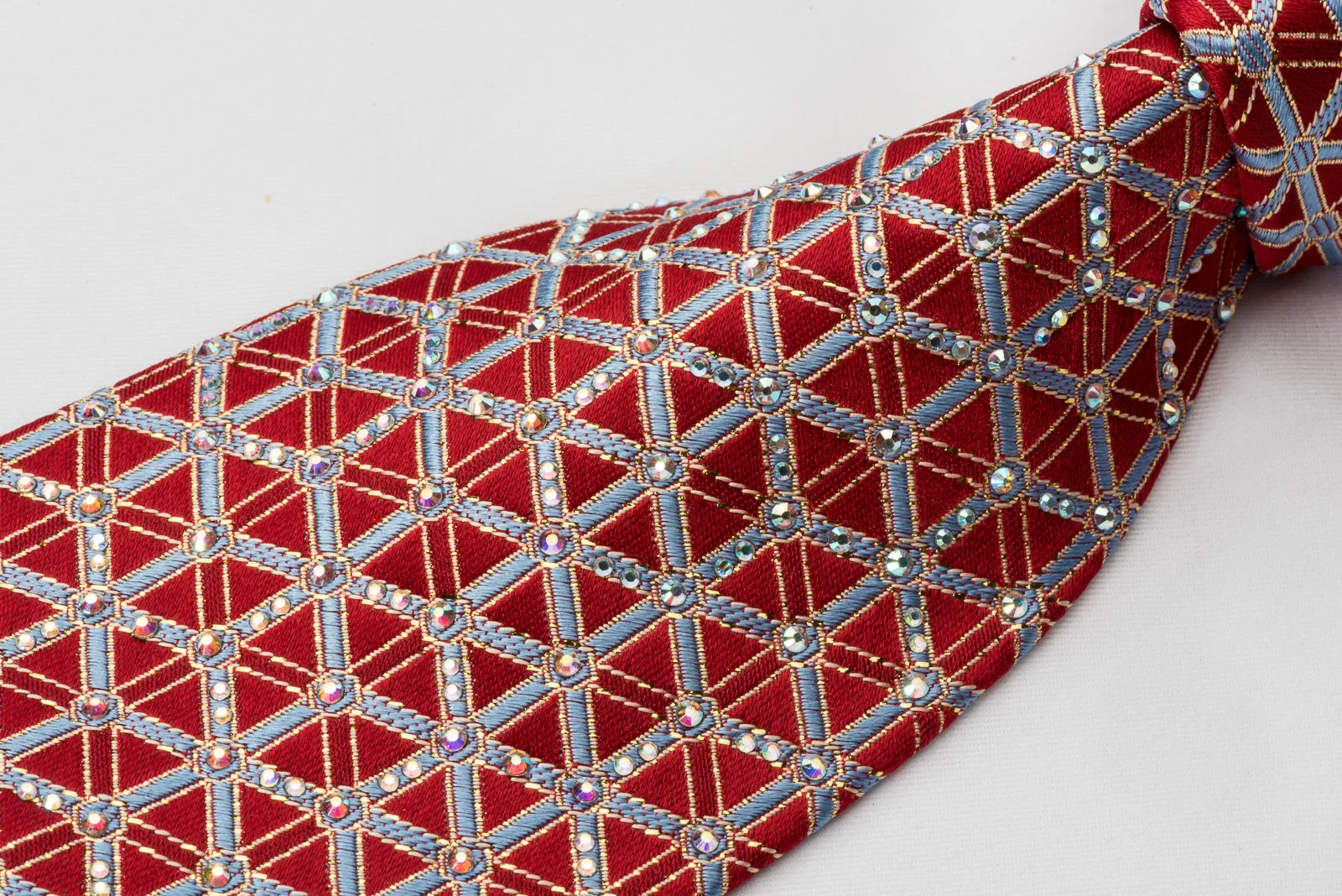 Louis Quatorze Silk Rhinestone Necktie Silver Trellis On Red With Gold Sparkles