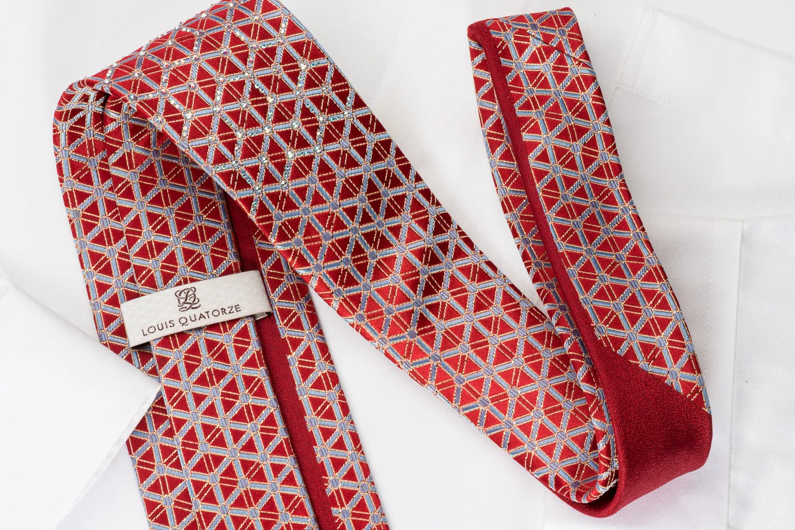 Louis Quatorze Silk Rhinestone Necktie Silver Trellis On Red With Gold Sparkles