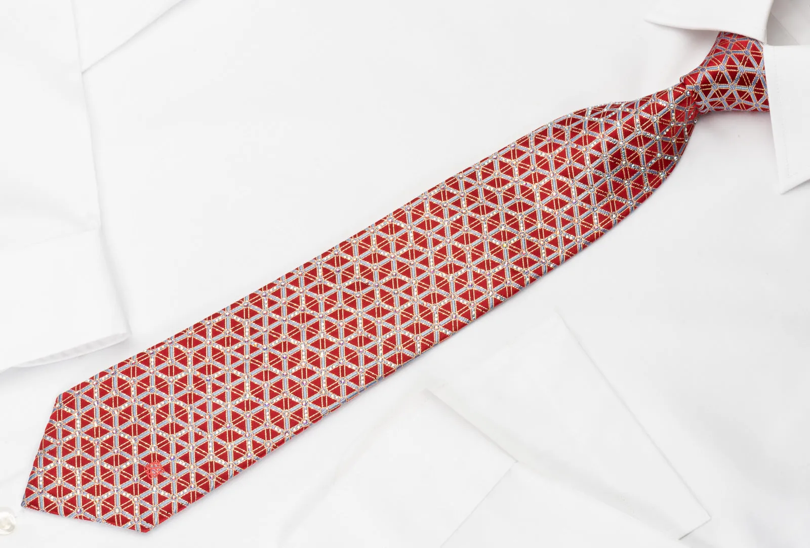 Louis Quatorze Silk Rhinestone Necktie Silver Trellis On Red With Gold Sparkles