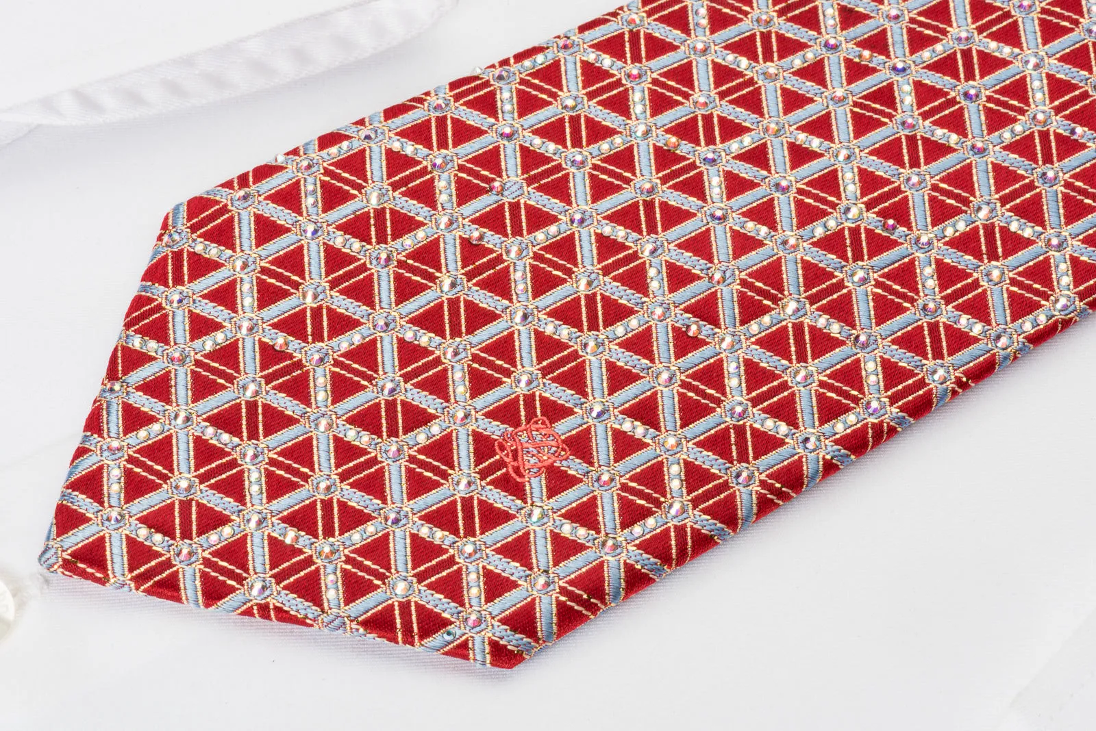 Louis Quatorze Silk Rhinestone Necktie Silver Trellis On Red With Gold Sparkles