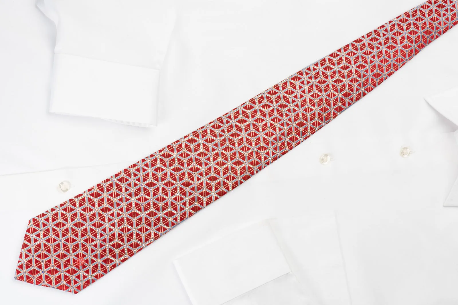Louis Quatorze Silk Rhinestone Necktie Silver Trellis On Red With Gold Sparkles