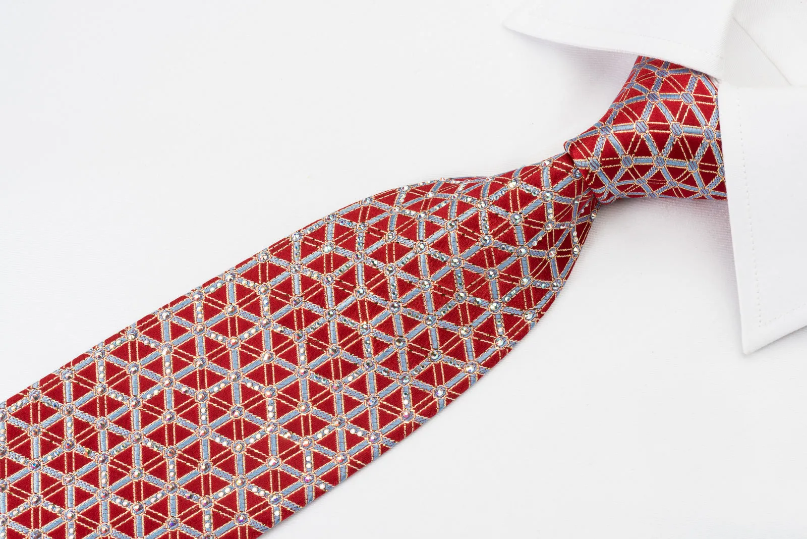 Louis Quatorze Silk Rhinestone Necktie Silver Trellis On Red With Gold Sparkles