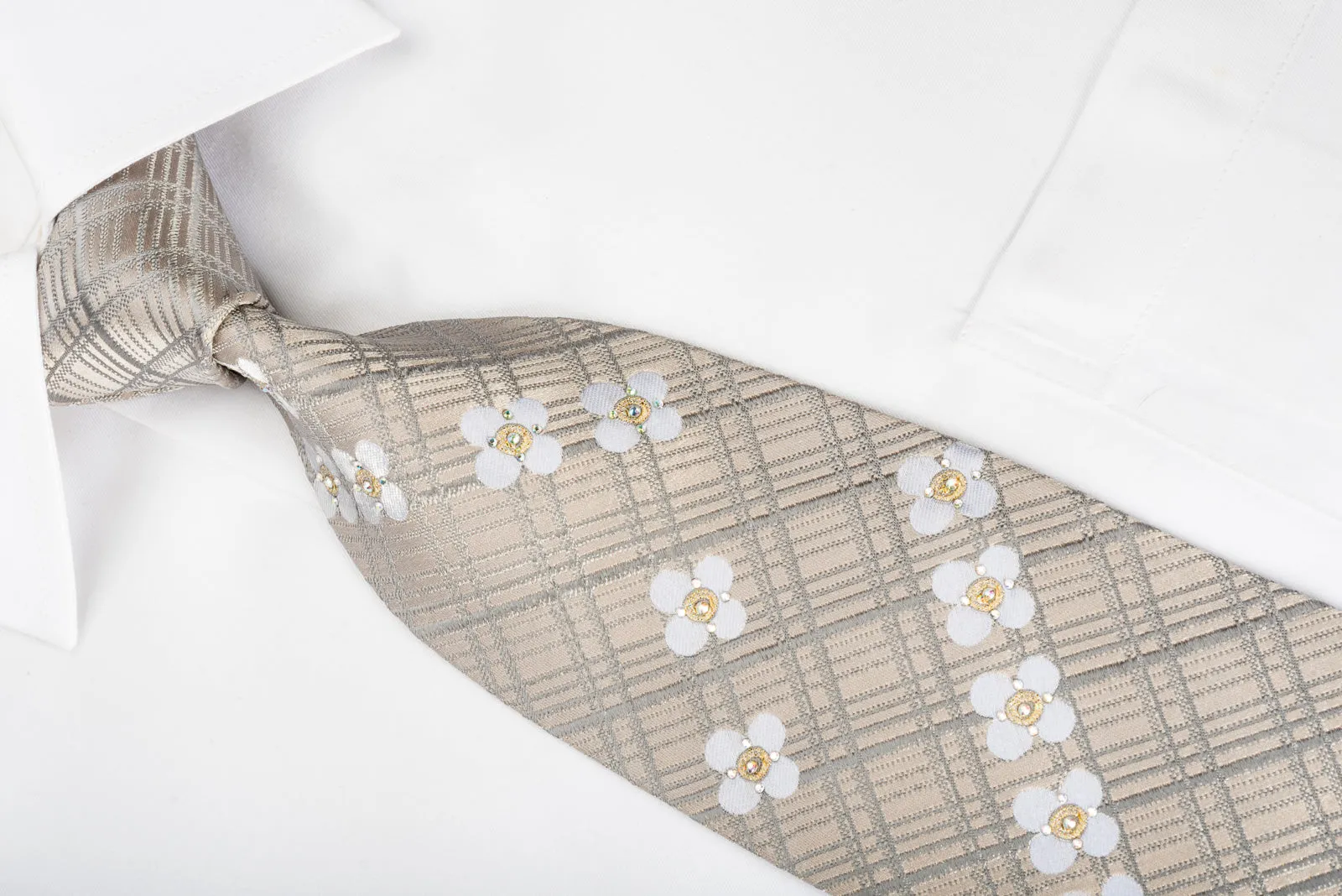 MCM Rhinestone Silk Necktie Floral On Cream Silver With Gold Sparkles