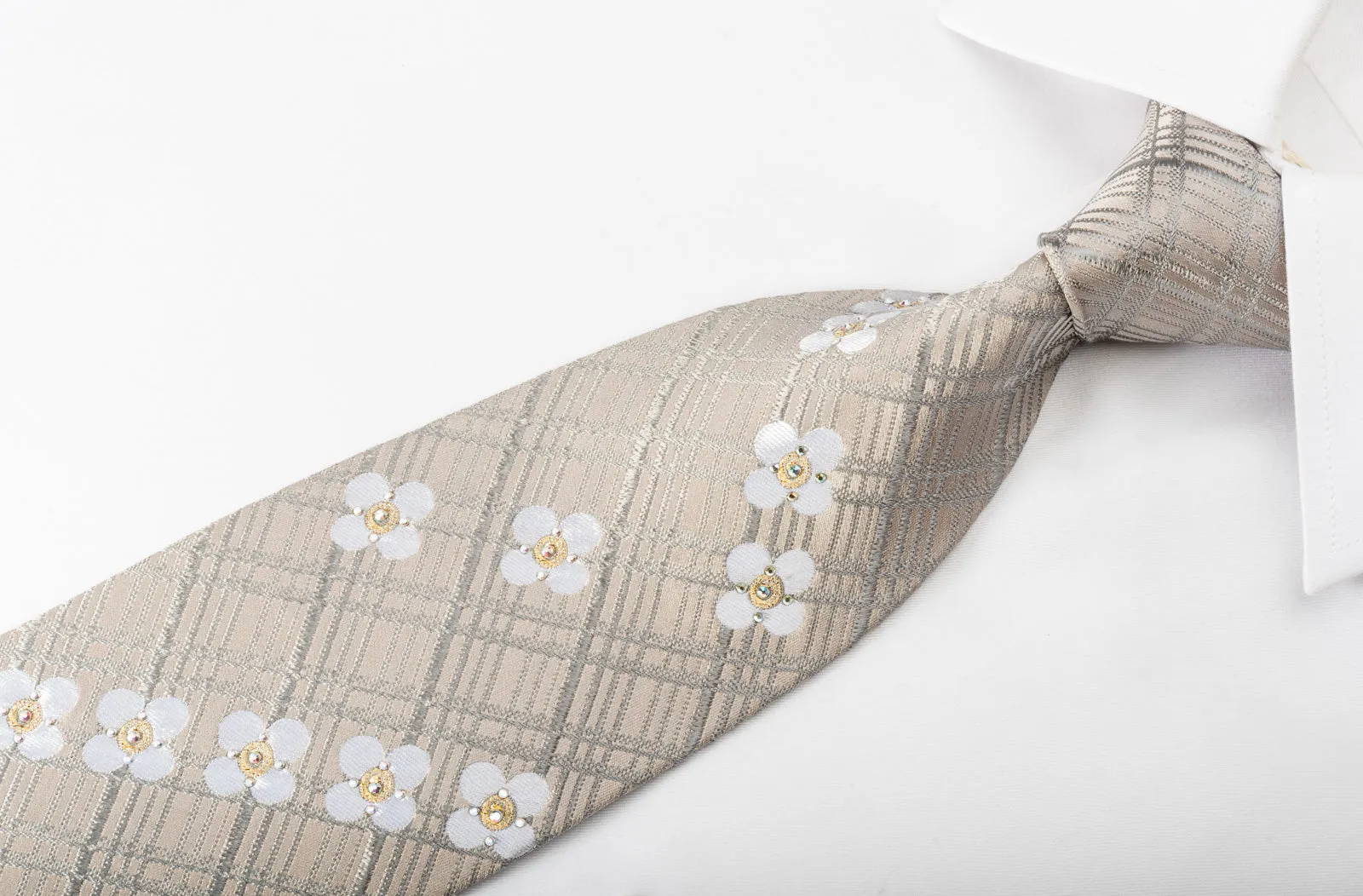 MCM Rhinestone Silk Necktie Floral On Cream Silver With Gold Sparkles