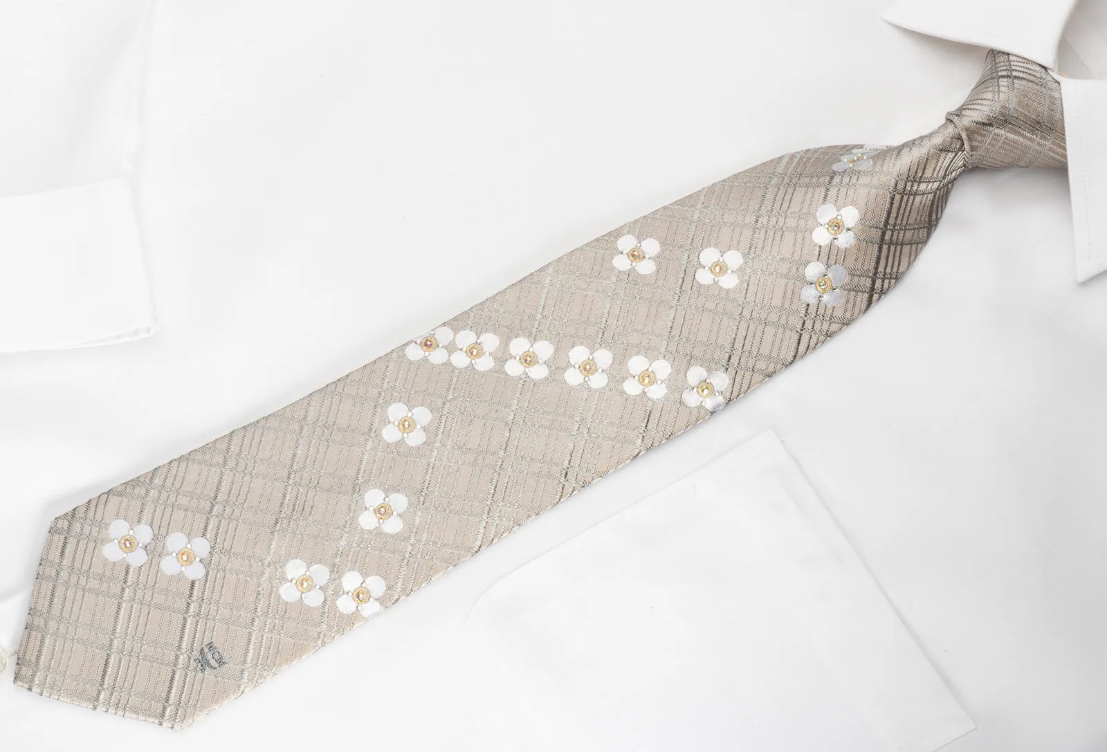 MCM Rhinestone Silk Necktie Floral On Cream Silver With Gold Sparkles