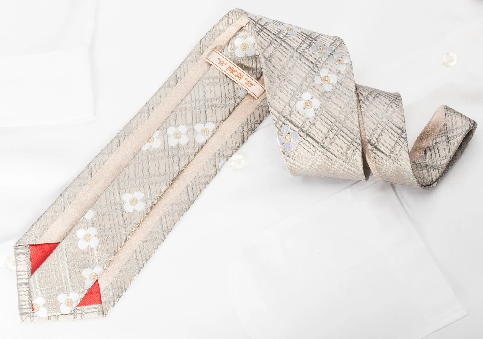 MCM Rhinestone Silk Necktie Floral On Cream Silver With Gold Sparkles