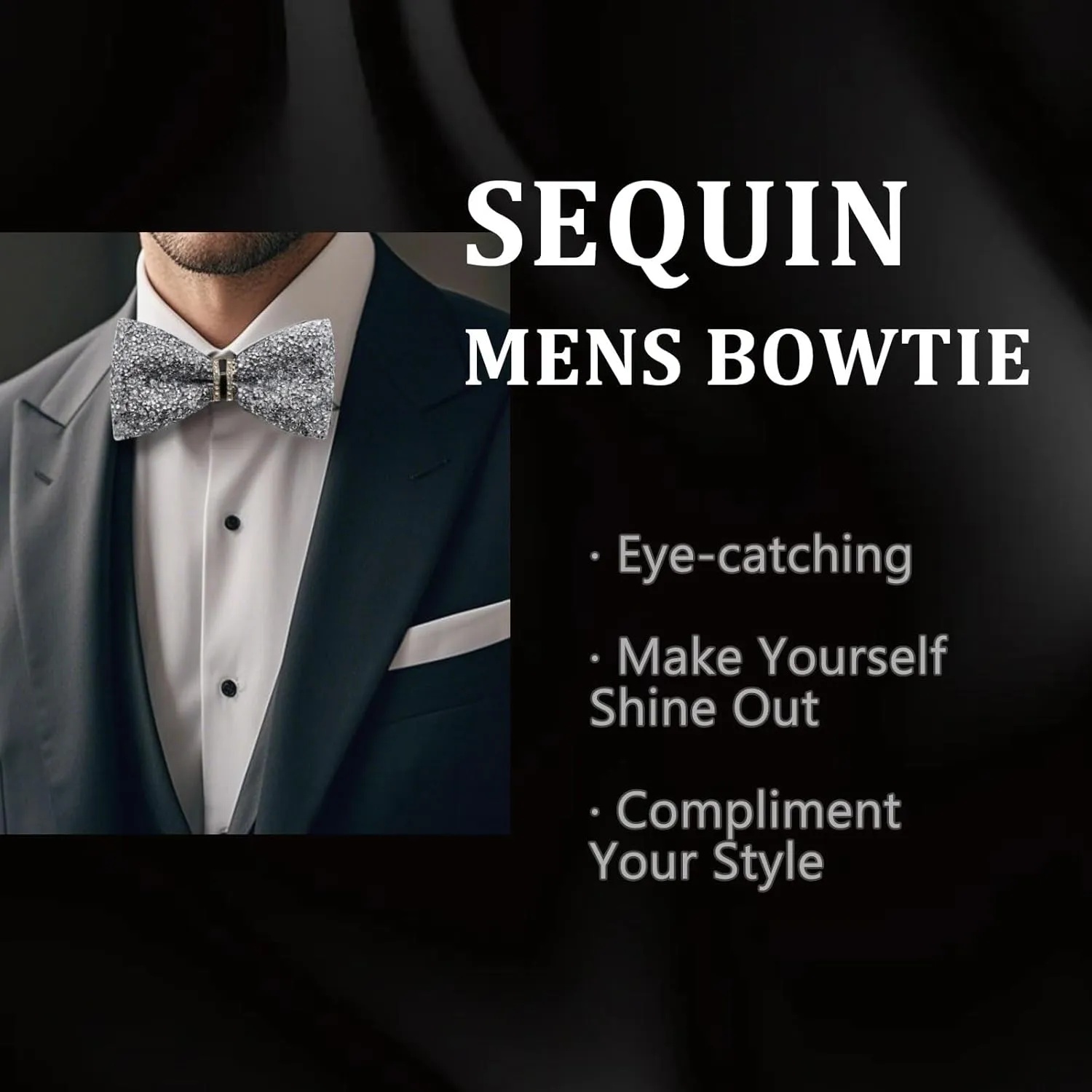 Mens Rhinestone Bow Tie Pre-Tied Bow Ties for Men Adjustable Sparkle Sequin Bowtie Party Wedding