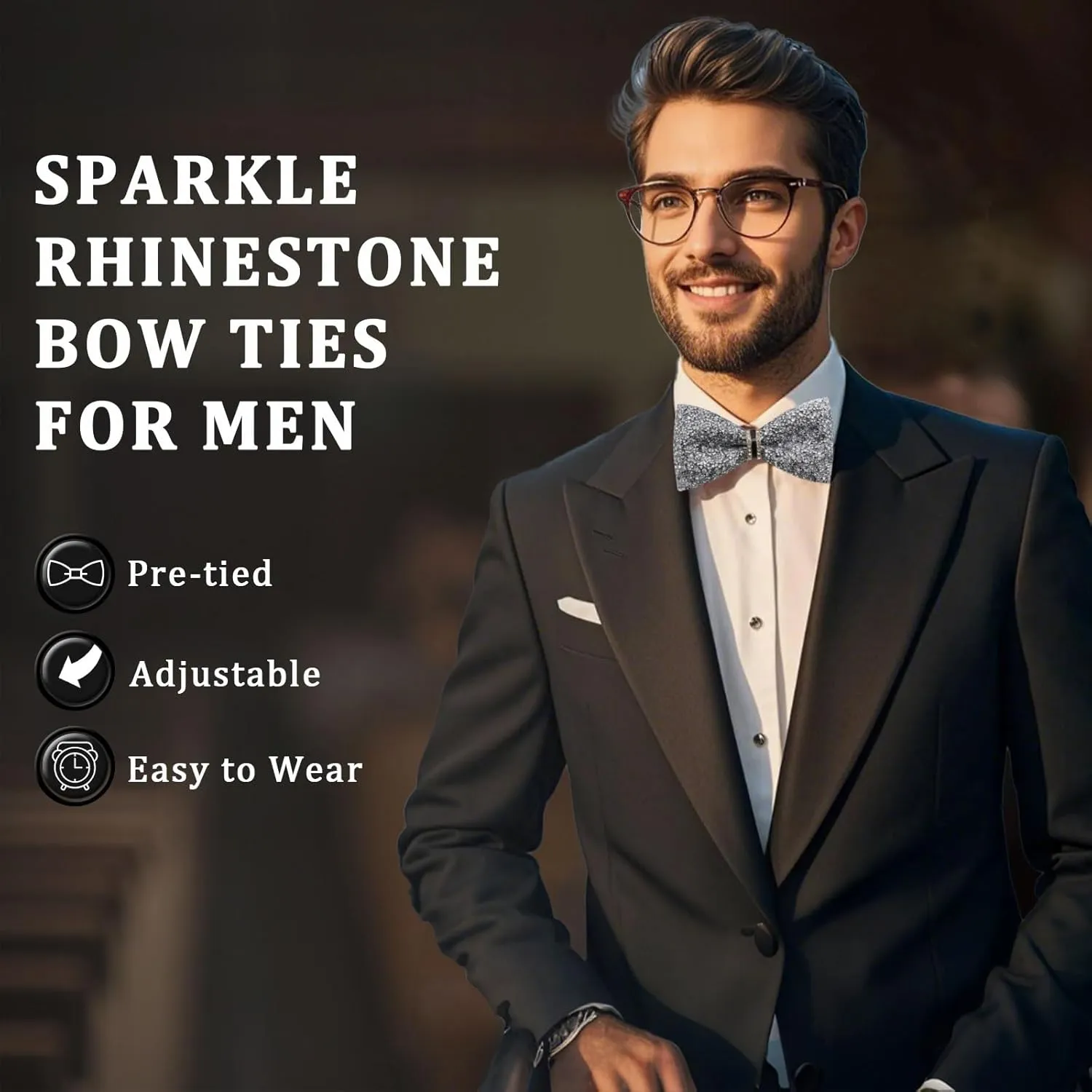 Mens Rhinestone Bow Tie Pre-Tied Bow Ties for Men Adjustable Sparkle Sequin Bowtie Party Wedding