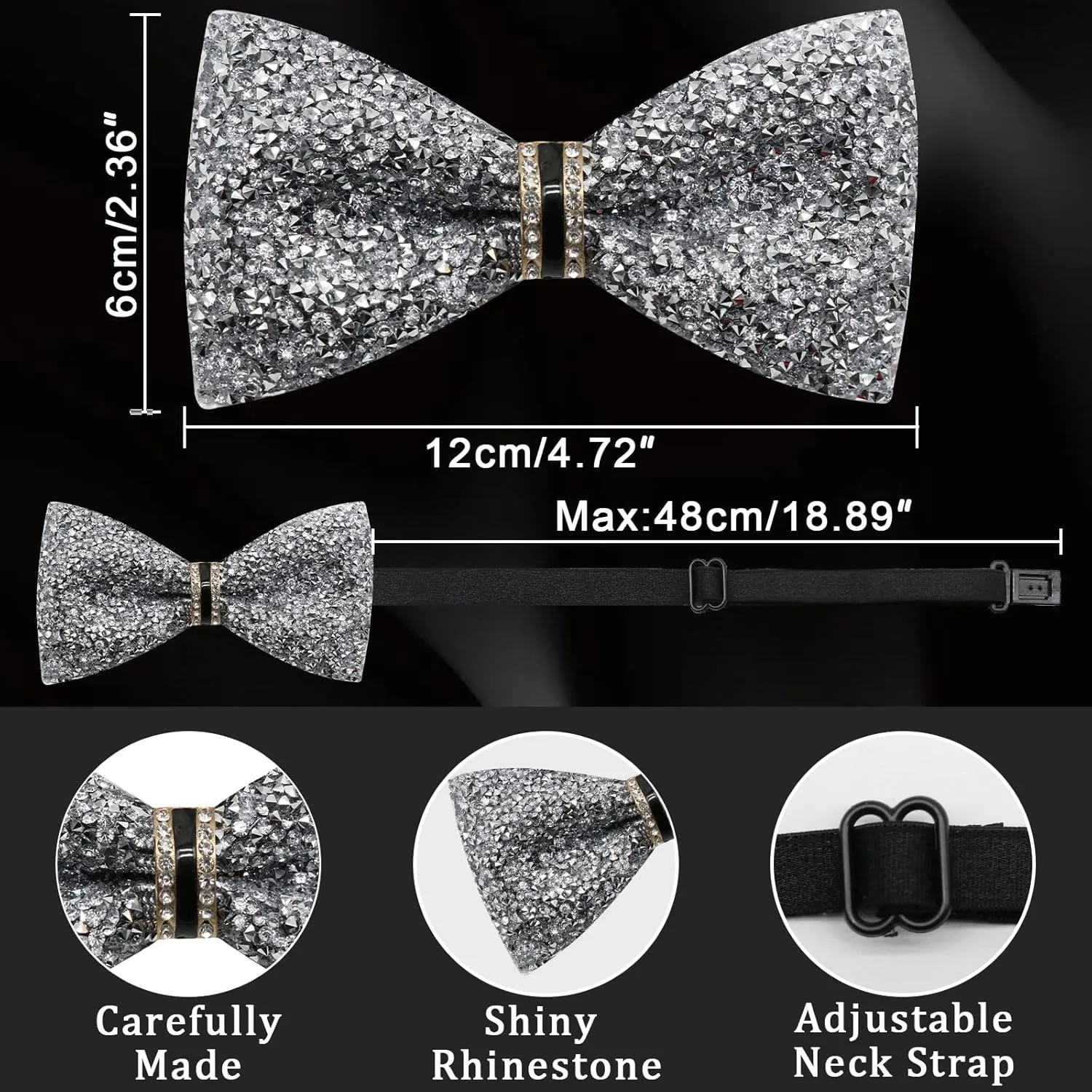 Mens Rhinestone Bow Tie Pre-Tied Bow Ties for Men Adjustable Sparkle Sequin Bowtie Party Wedding