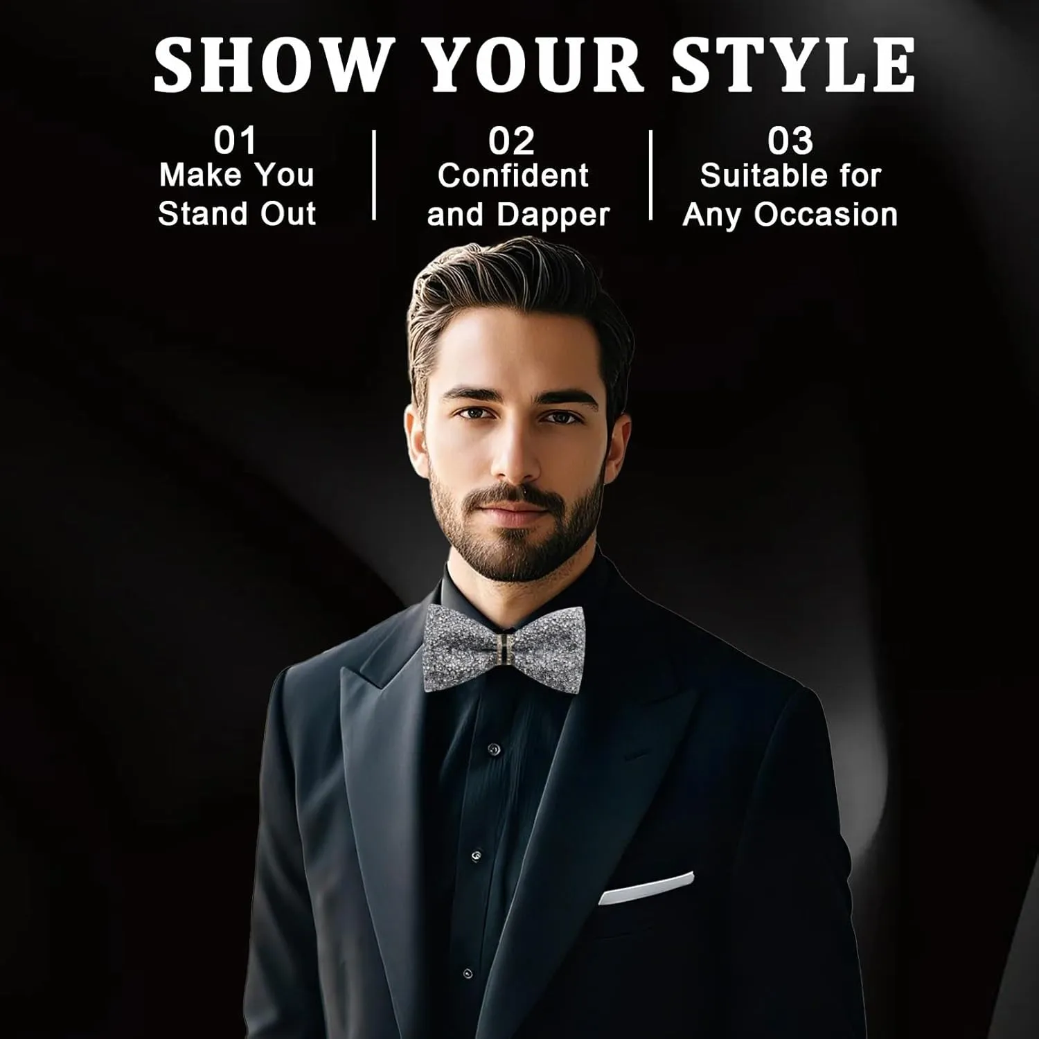 Mens Rhinestone Bow Tie Pre-Tied Bow Ties for Men Adjustable Sparkle Sequin Bowtie Party Wedding