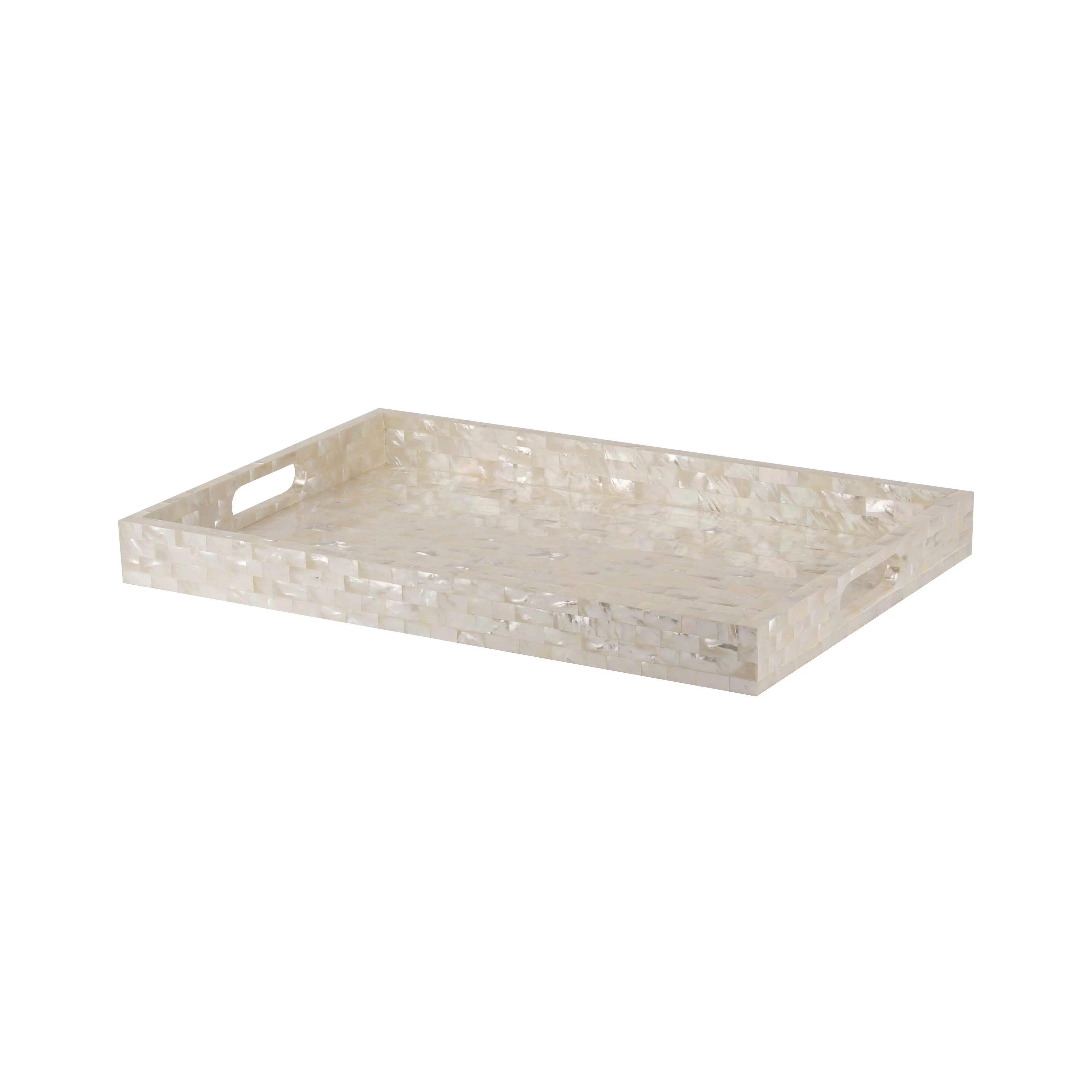 Mother of Pearl Solid Tray with Handle Large White