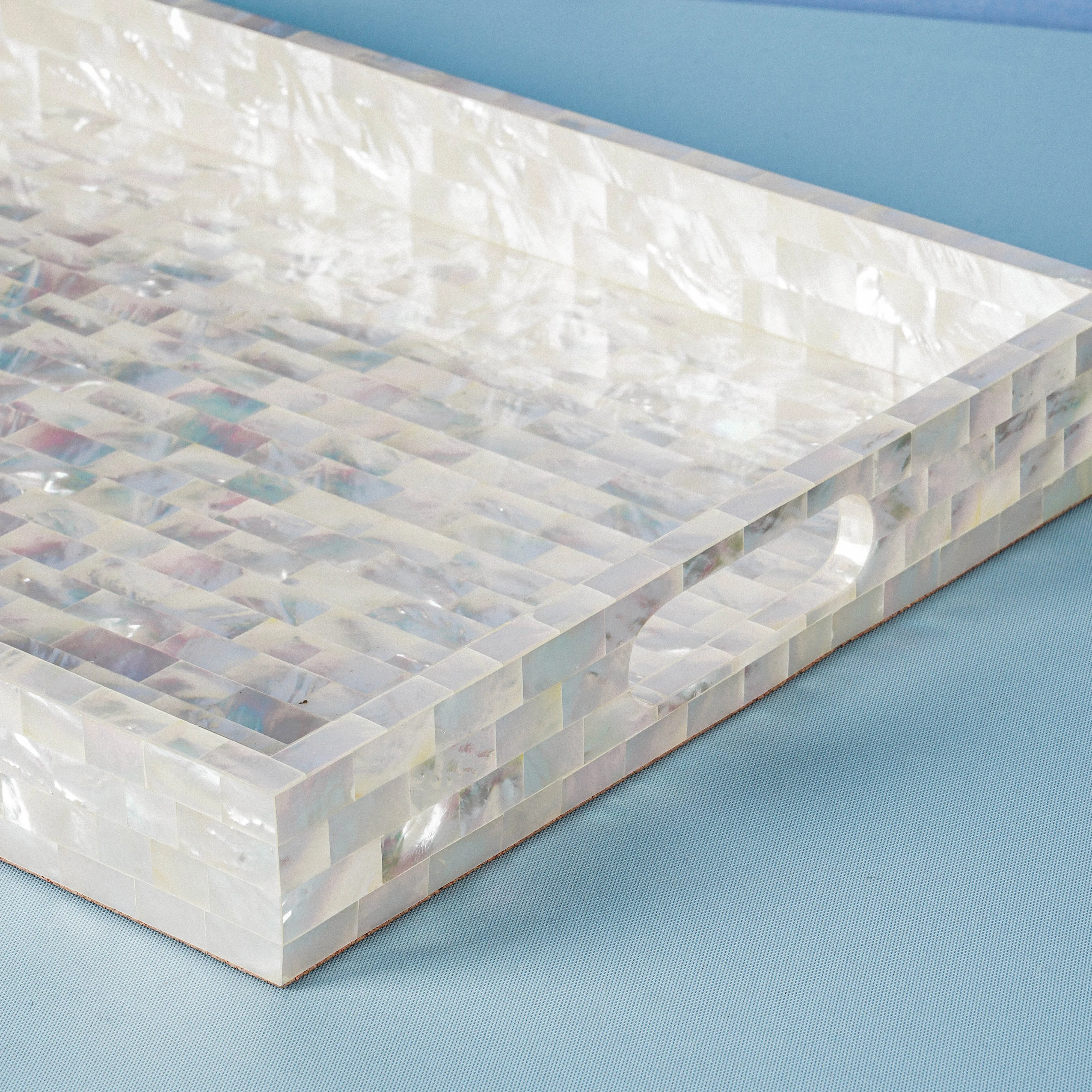 Mother of Pearl Solid Tray with Handle Large White