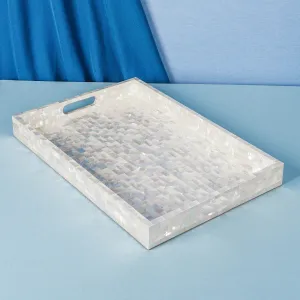 Mother of Pearl Solid Tray with Handle Large White